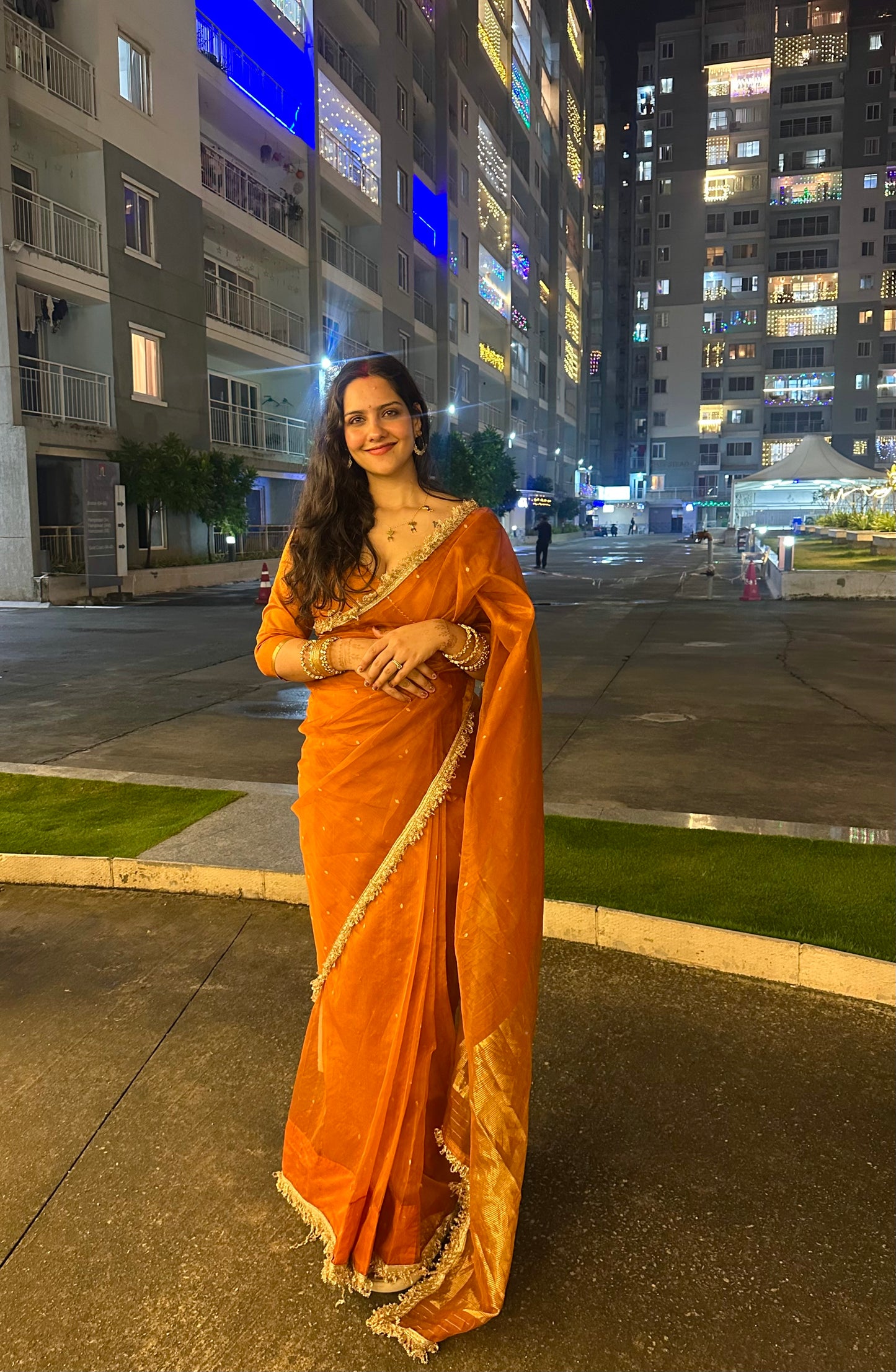 Burnt Orange Chanderi Silk Saree with Zari Bootis all over