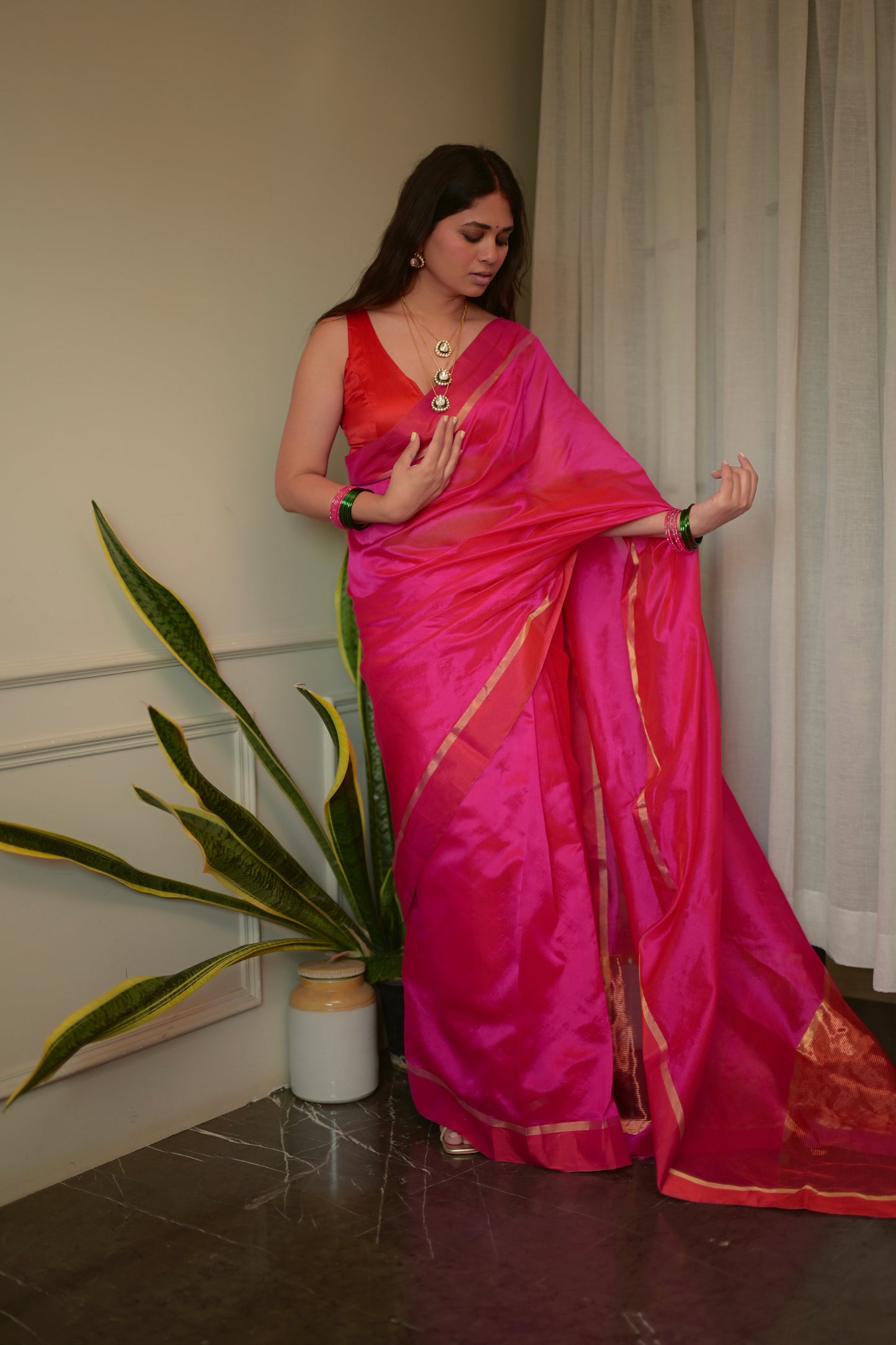 Pink and red Chanderi silk saree with silk border