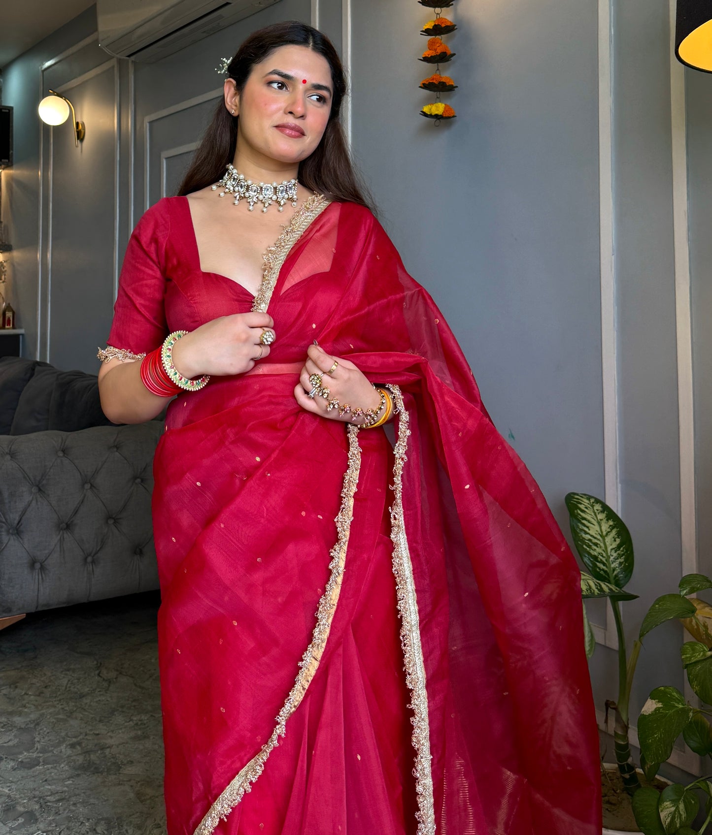 Dark rose chanderi silk saree with zari bootis all over