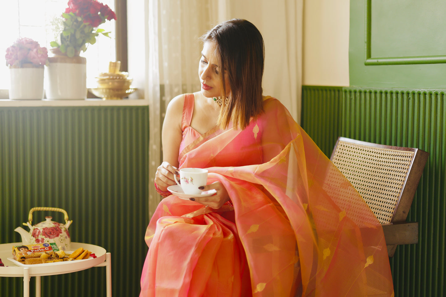 Coral pink dual tone Chanderi organza silk saree with jhumka motifs all over