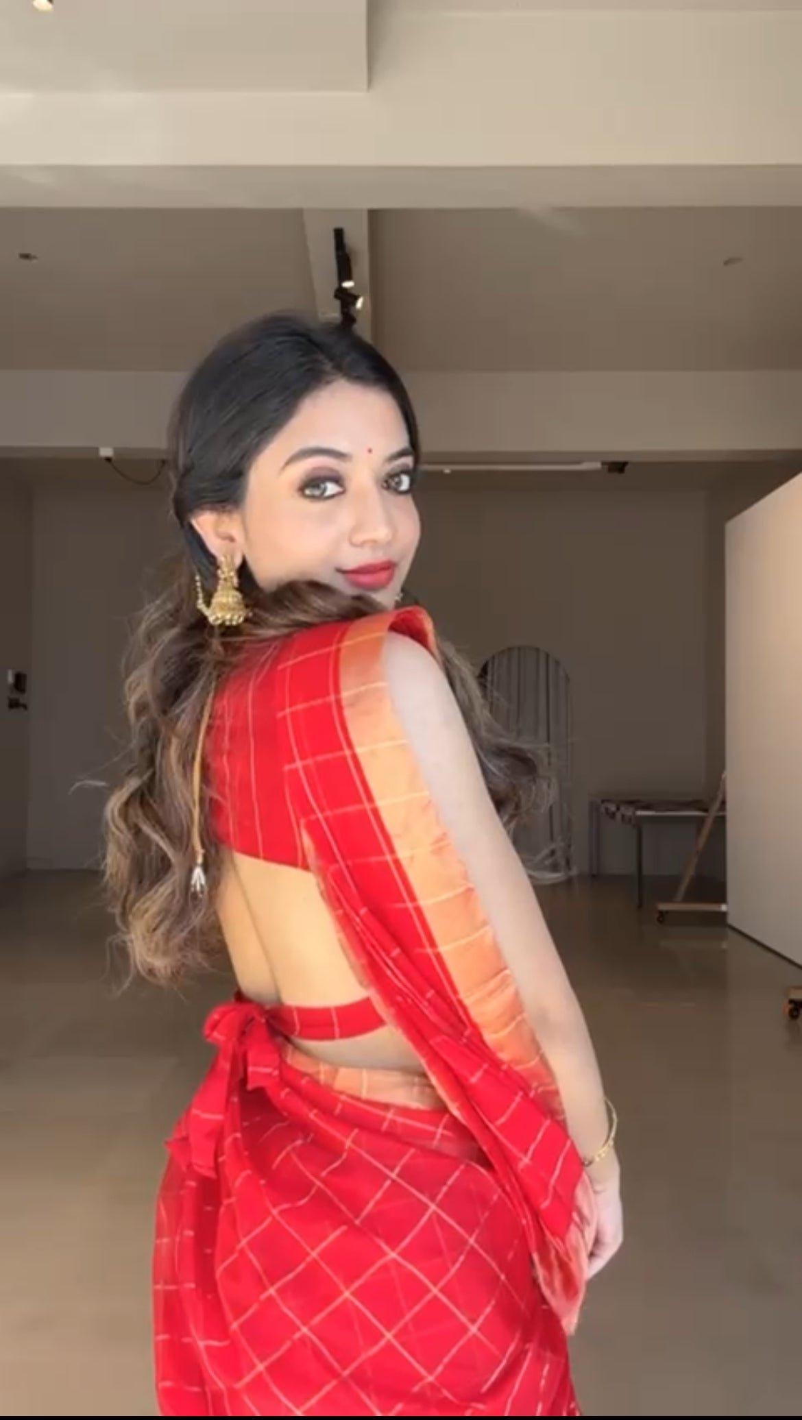 Red maheshwari saree with zari checks all over