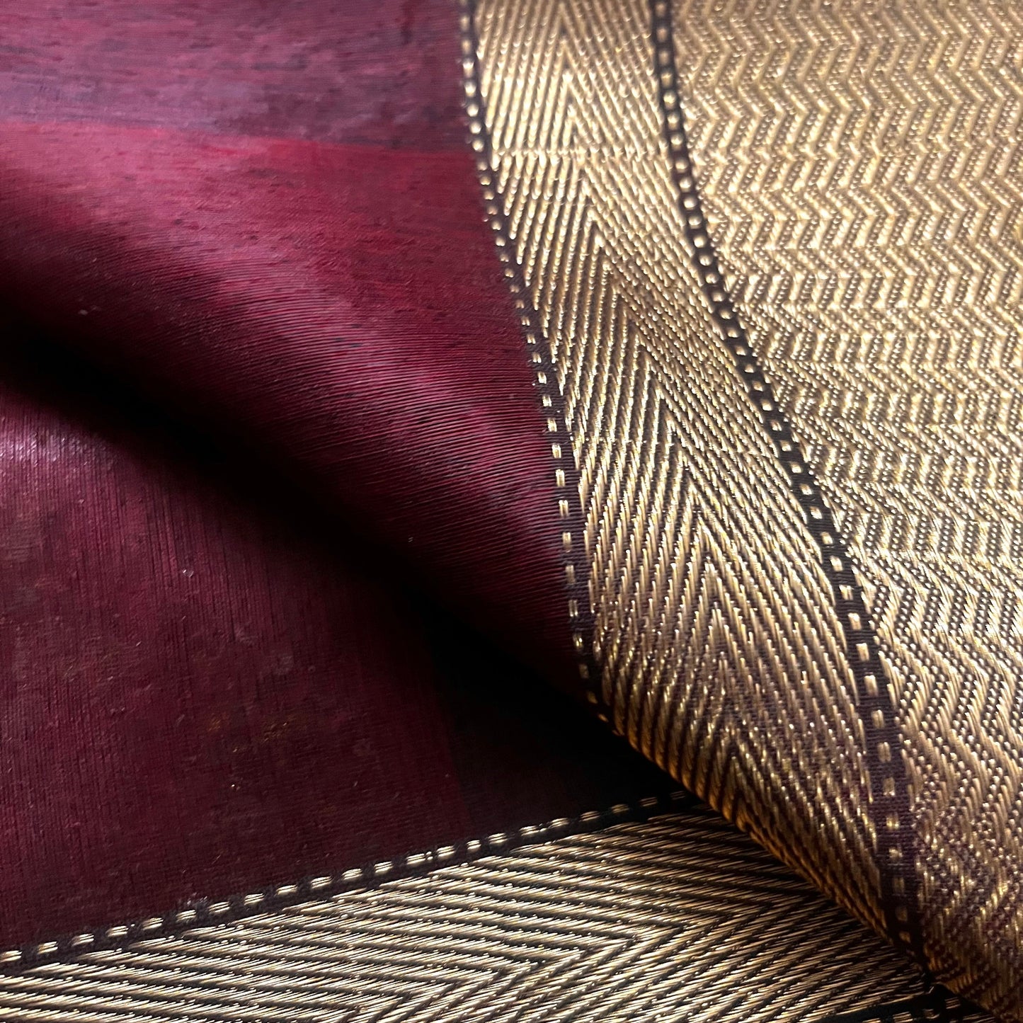 Mahogany Maheshwari tissue silk saree with zari bootis all over