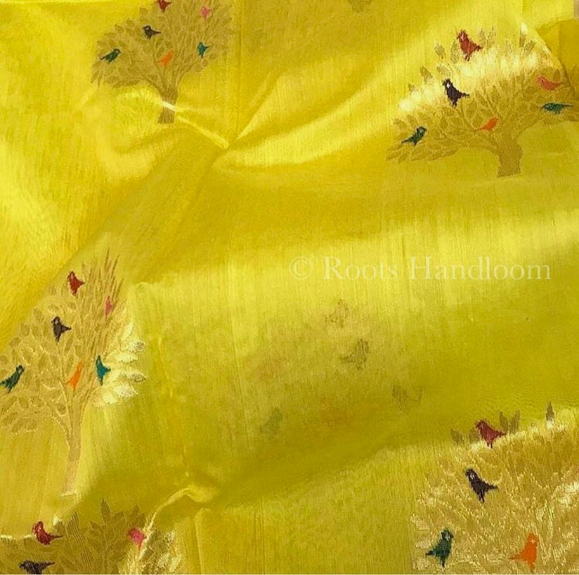 Yellow Chanderi saree with birds on tree motifs all over