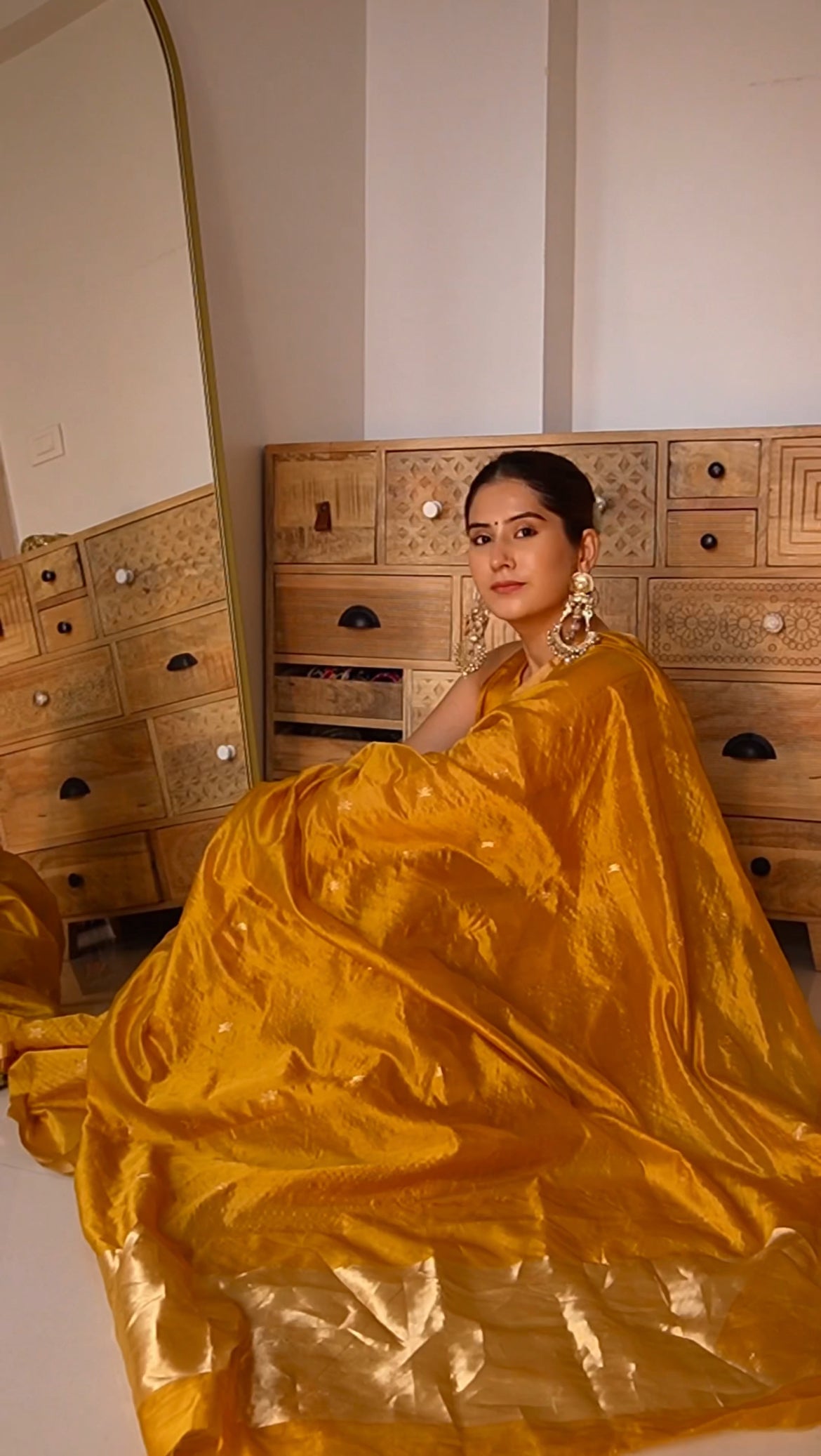Mustard gold chanderi silk saree with flower bootis all over