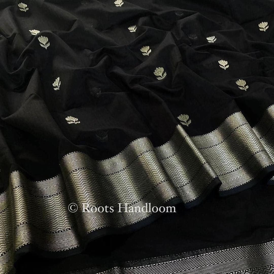 Black Maheshwari Saree with Flower Motifs all over