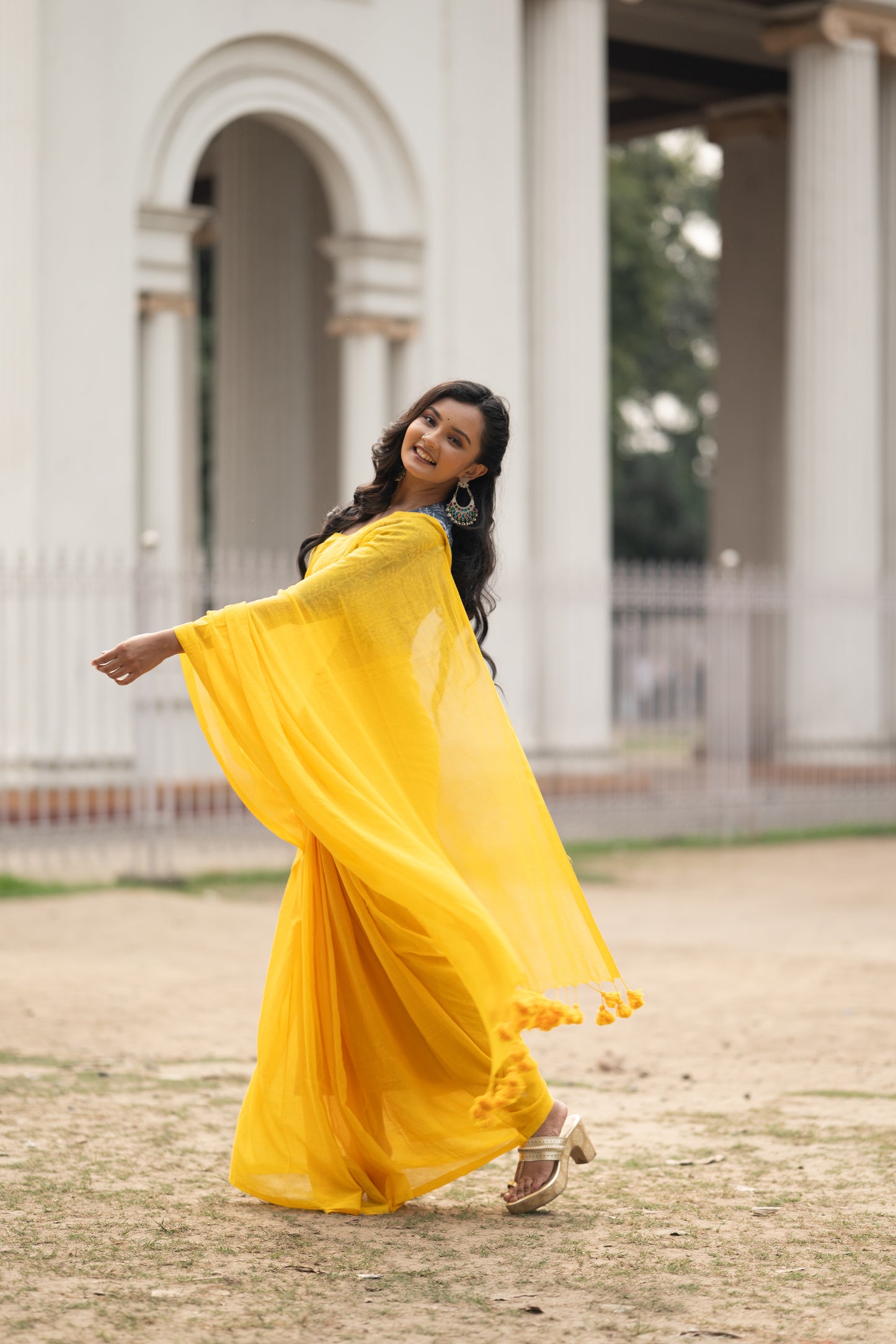 Yellow mulmul saree