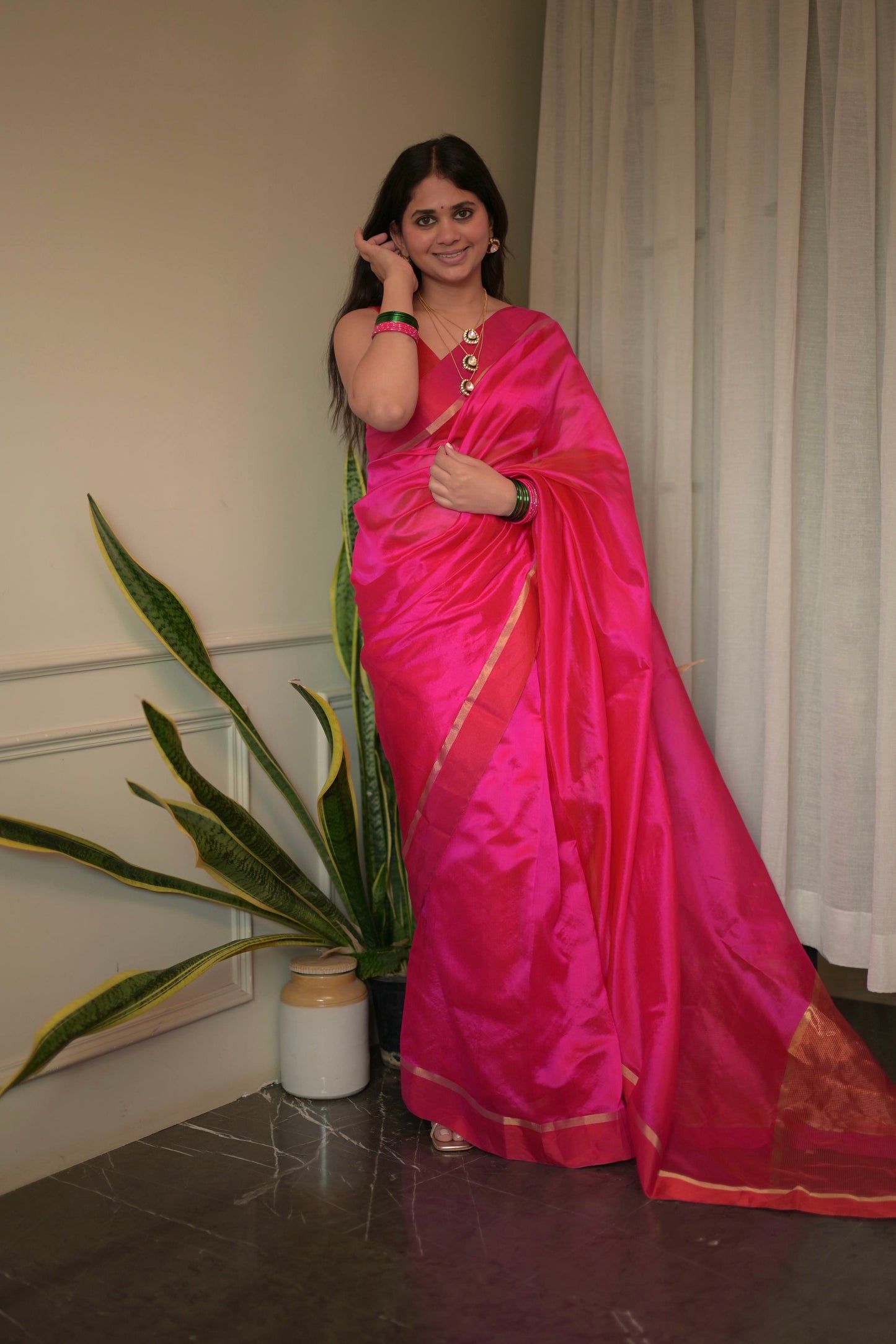 Pink and red Chanderi silk saree with silk border