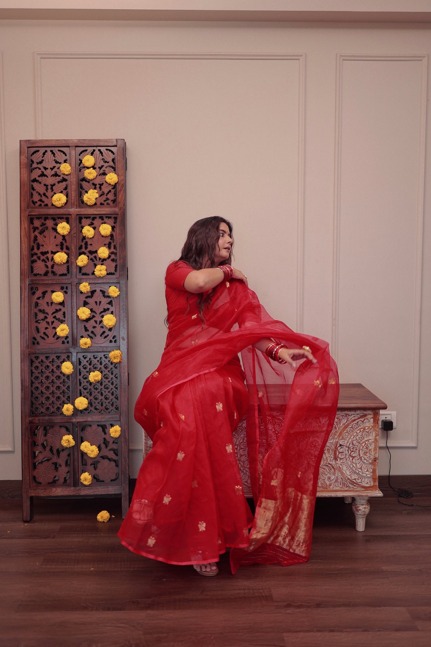 Red chanderi organza silk saree with butterfly motifs all over