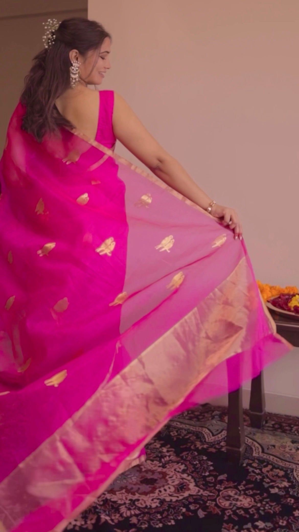 Pink chanderi organza silk saree with bird motifs all over