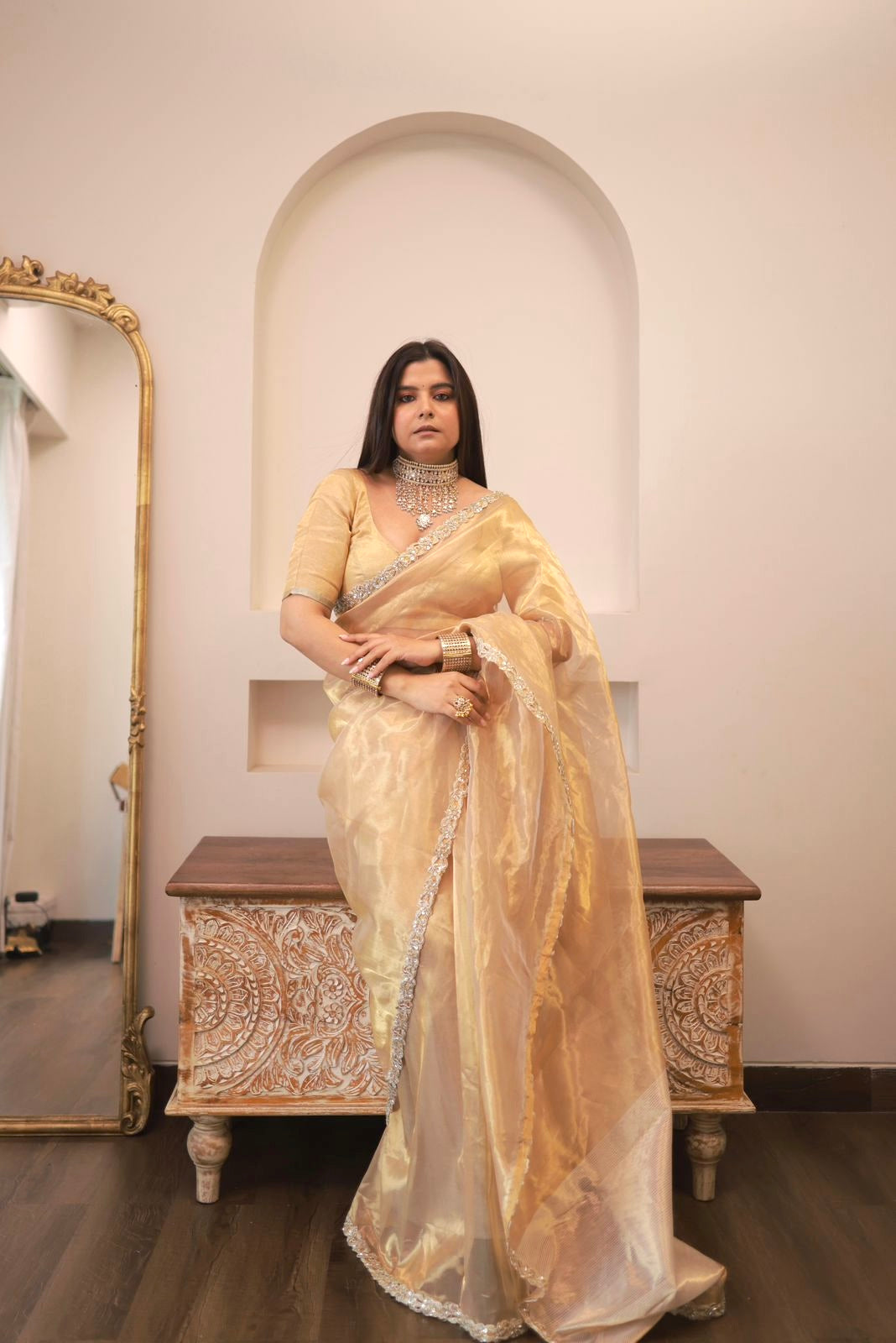 Molten gold chanderi tissue silk saree with intricate work border