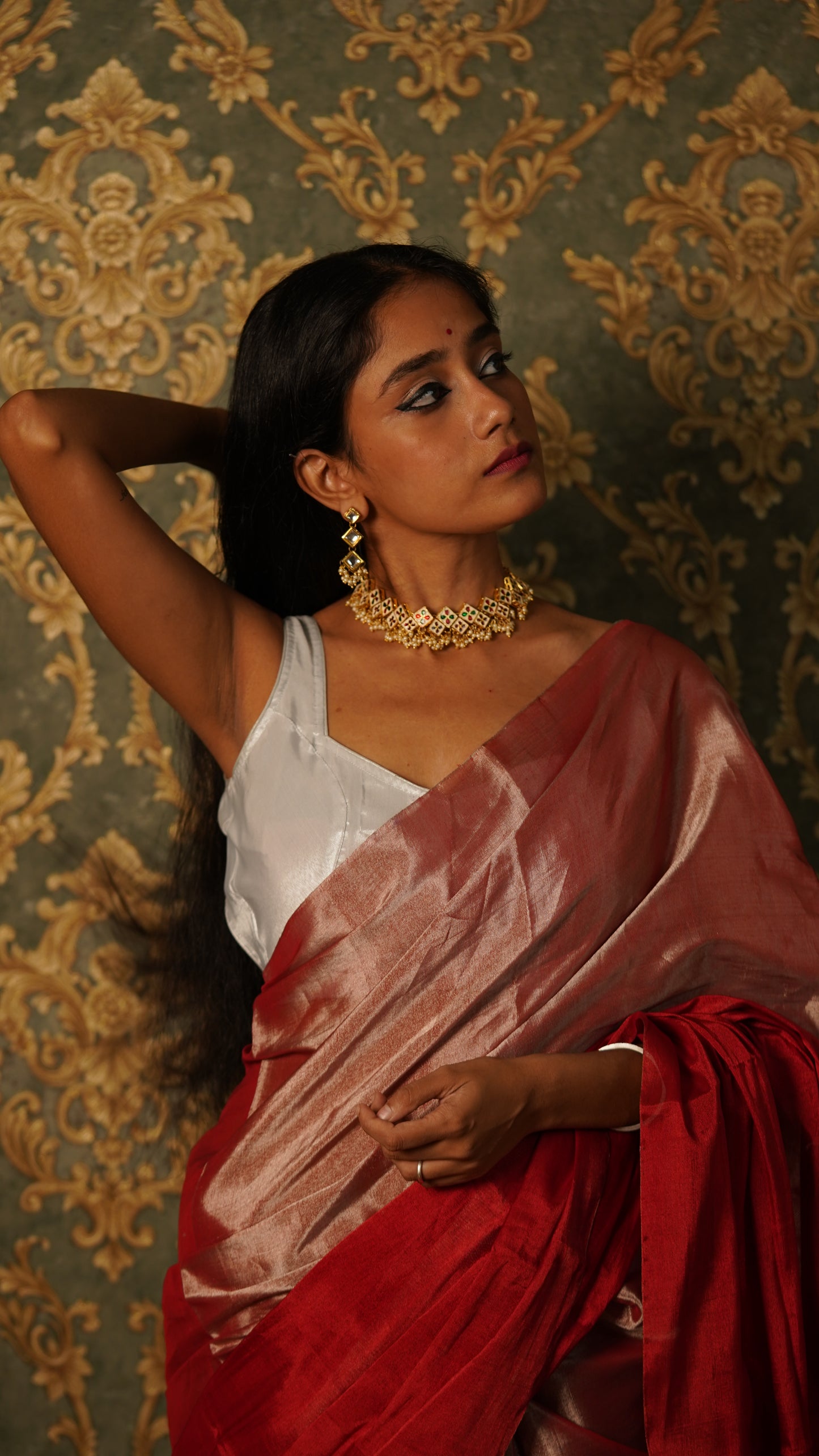 Silver and red chanderi tissue silk saree