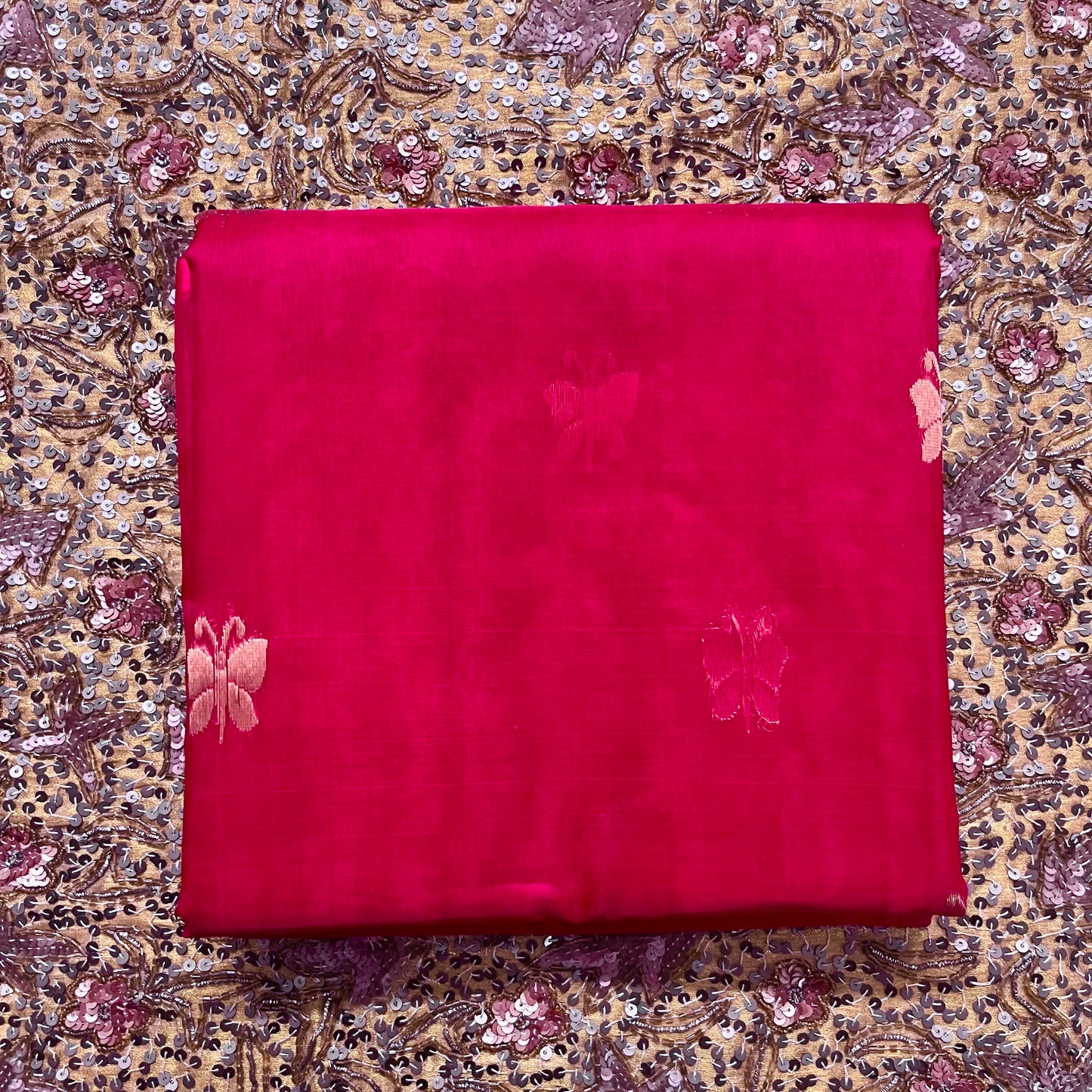 Rani pink Chanderi silk saree with butterfly motifs all over