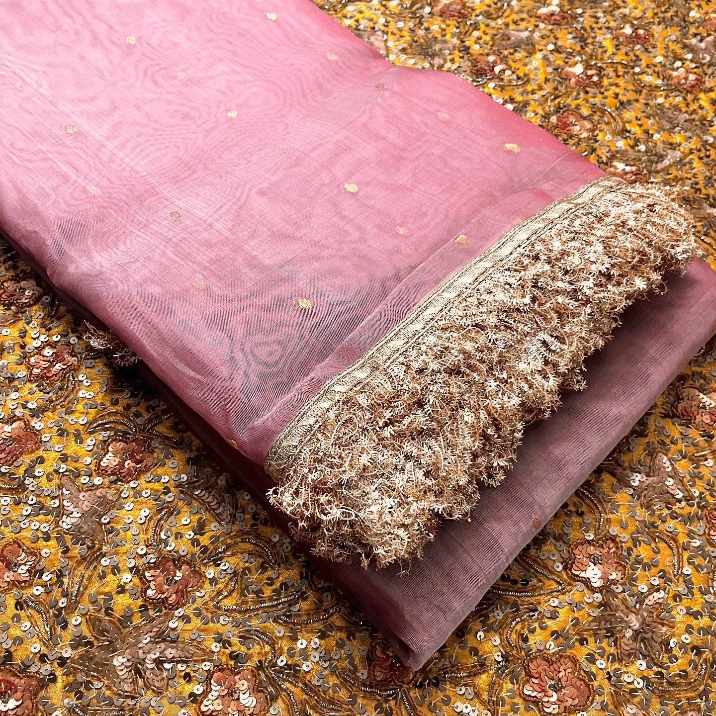 Dusty Pink Chanderi silk saree with zari bootis and zari border all over