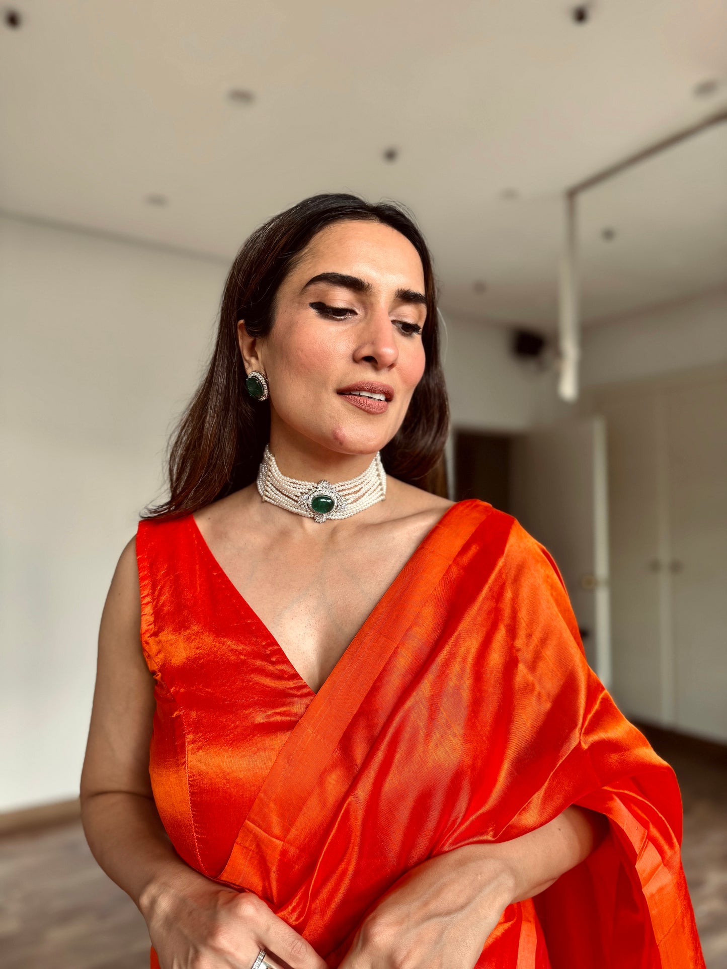 Sunset orange chanderi silk saree with silk border