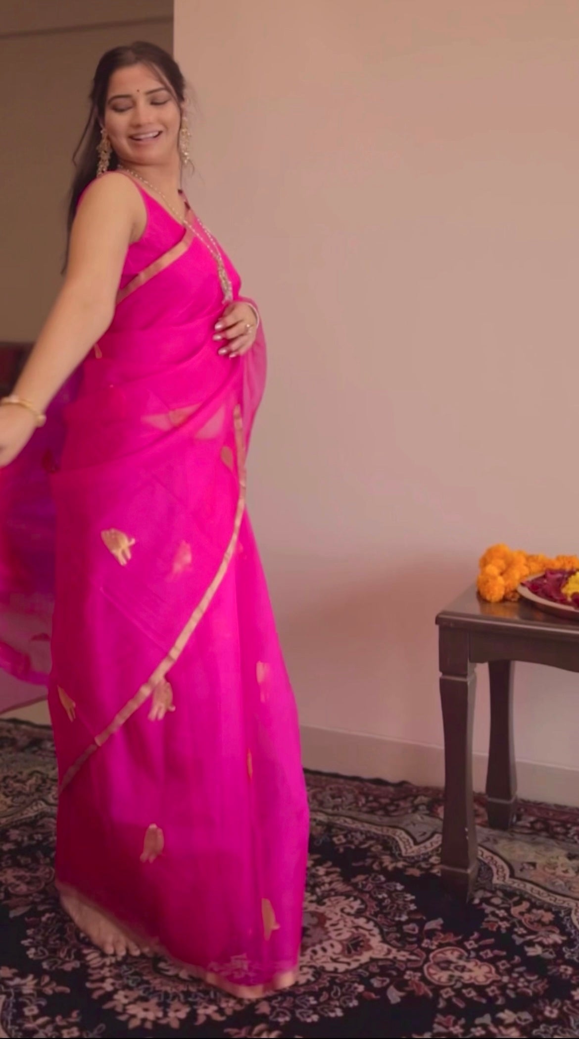 Pink chanderi organza silk saree with bird motifs all over
