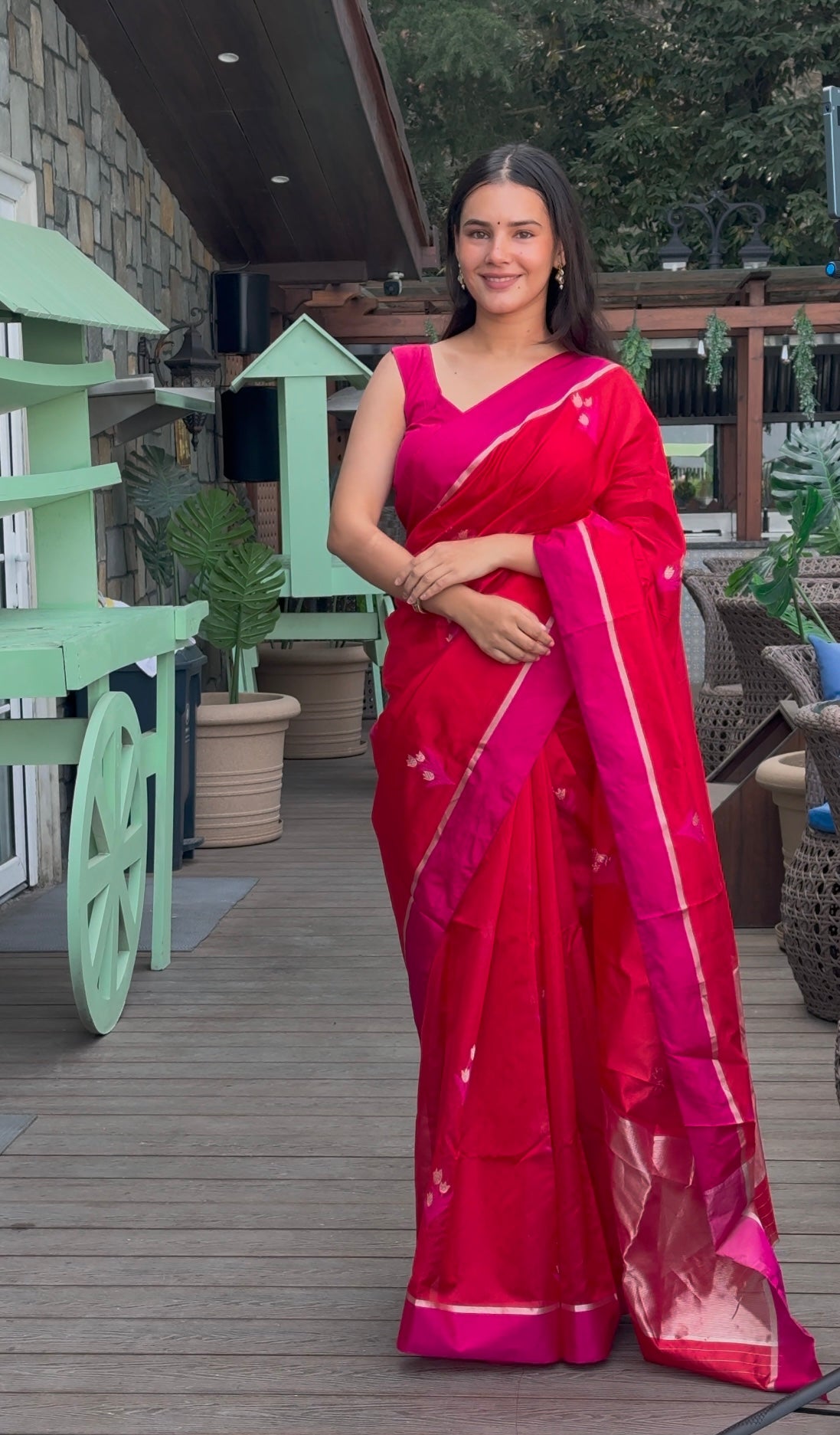 Red and pink chanderi saree with flower motifs all over