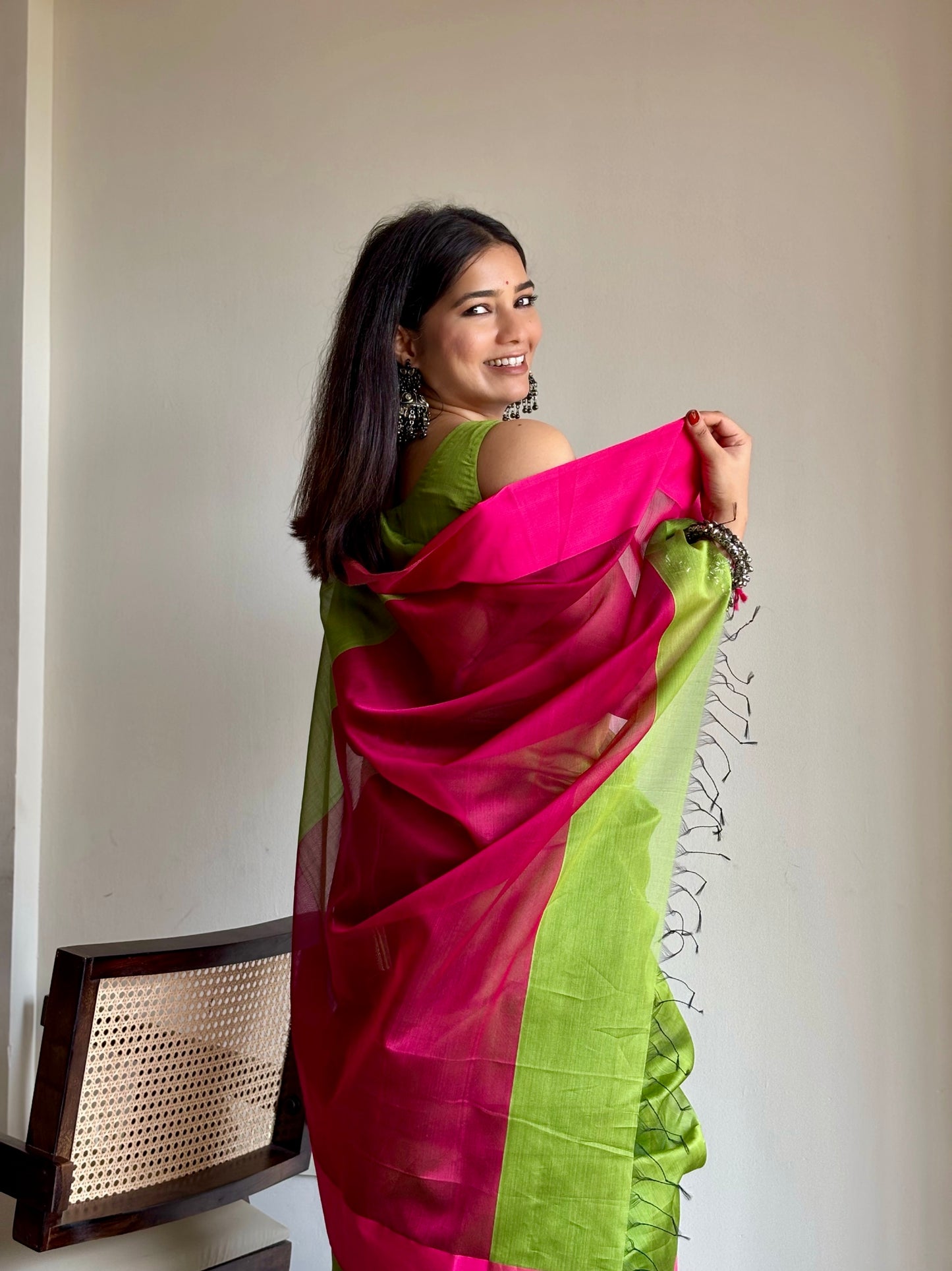 Olive green and pink maheshwari saree