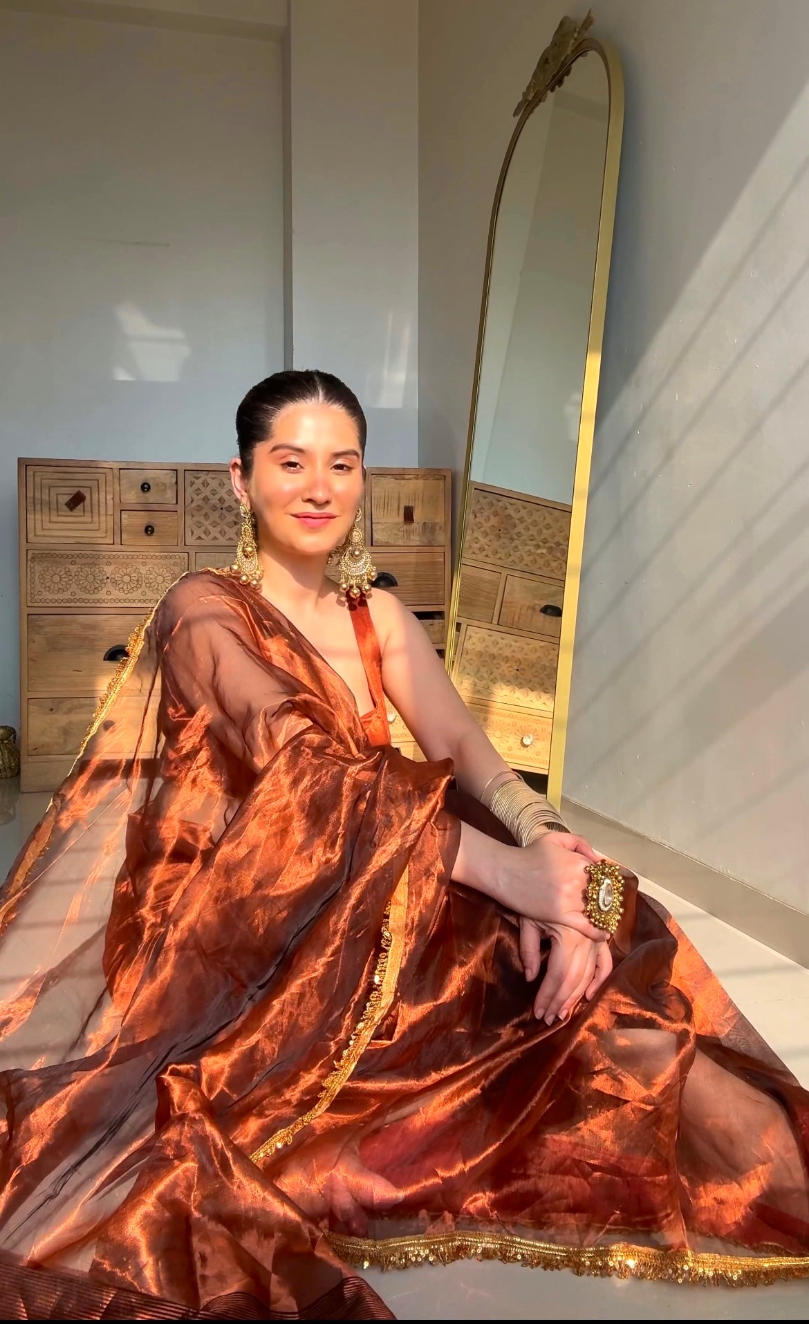 Molten Copper chanderi tissue silk saree with kiran border