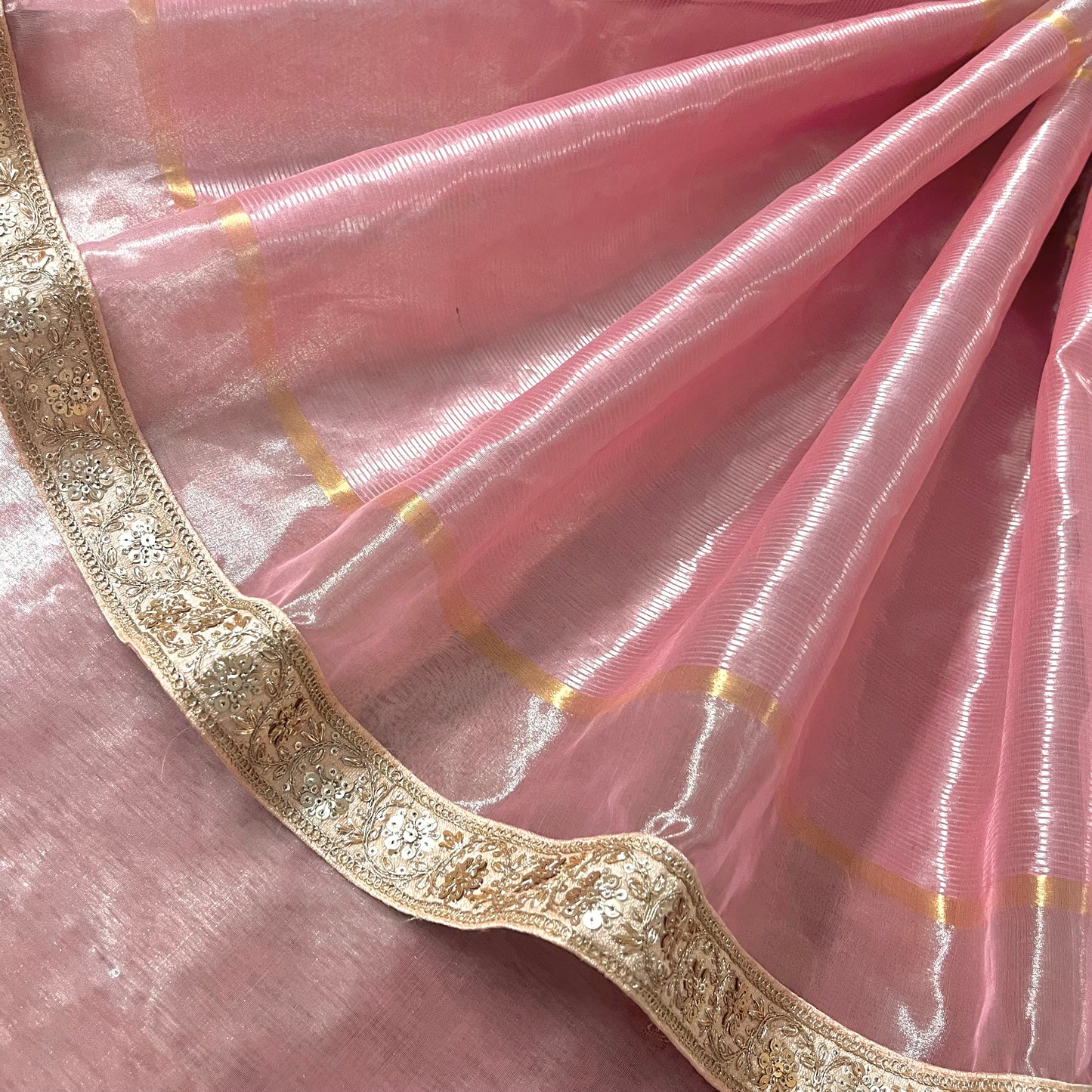 Flamingo pink Chanderi tissue silk saree with zari bootis all over