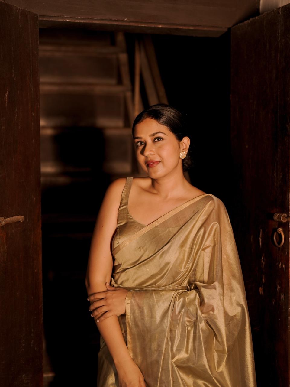 Antique gold chanderi silk saree with zari bootis all over