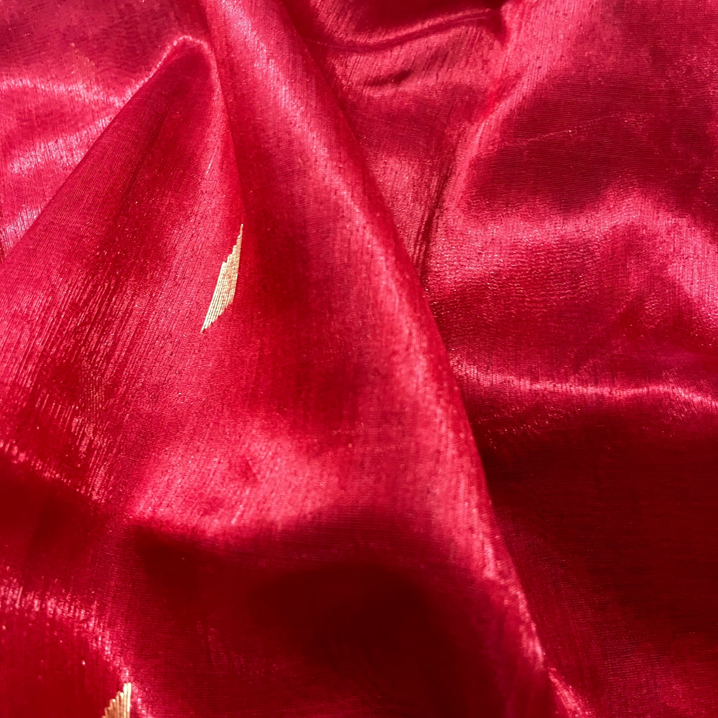 Red Maheshwari tissue silk saree with zari bootis all over