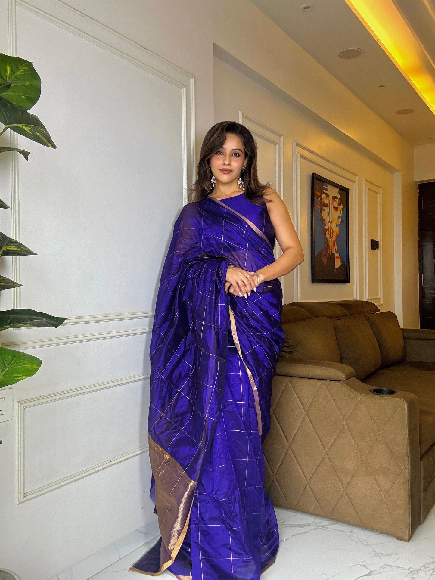 Dark purple chanderi silk saree with zari checks all over