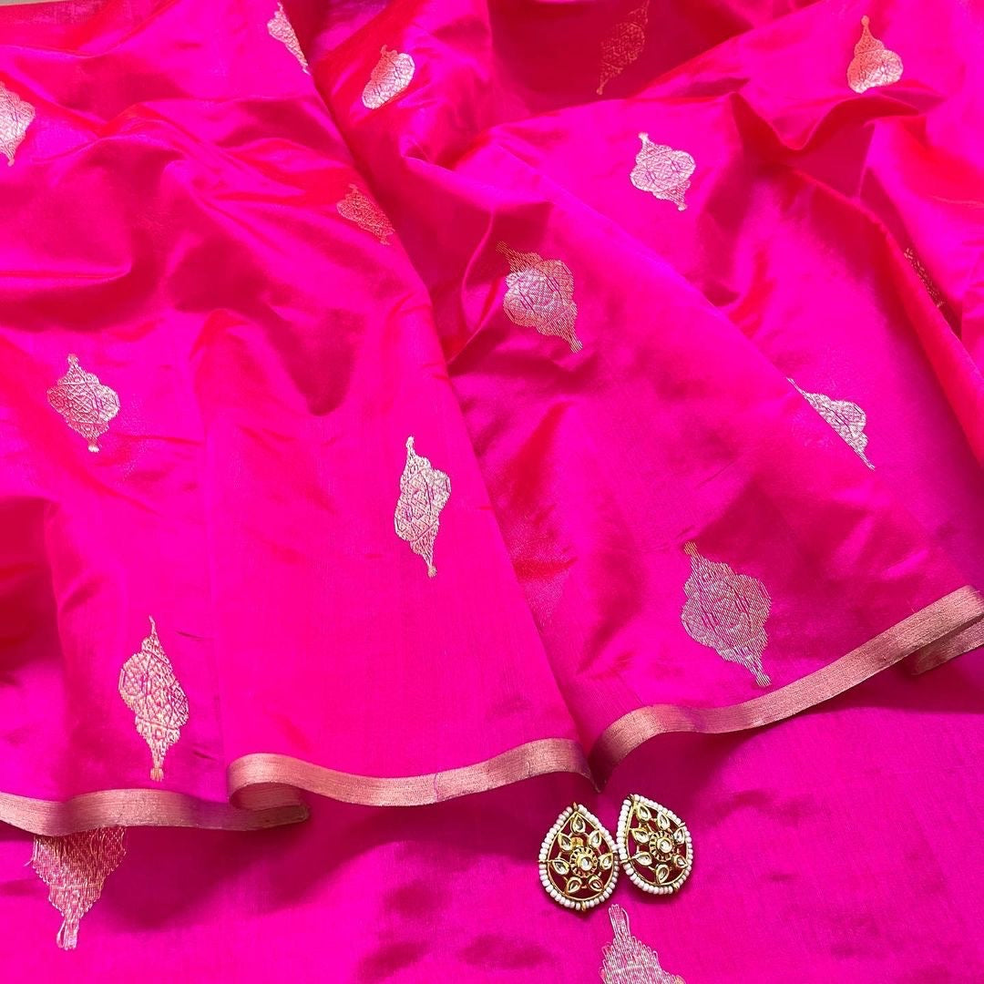 Rani pink chanderi silk saree with jhoomar motifs all over
