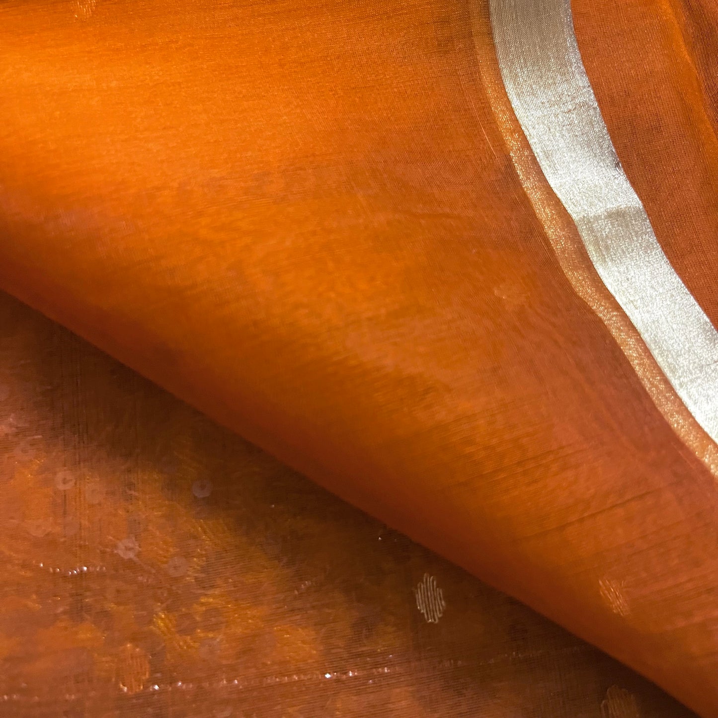 Burnt Orange Chanderi silk saree with zari bootis all over