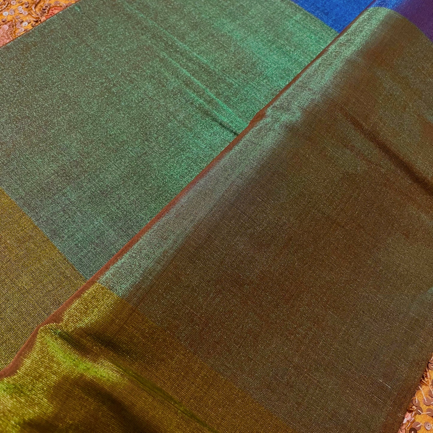Green gold and blue chanderi tissue silk saree