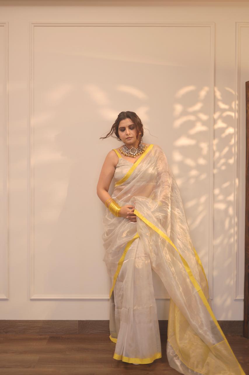 Silver white and lemon chanderi tissue silk saree