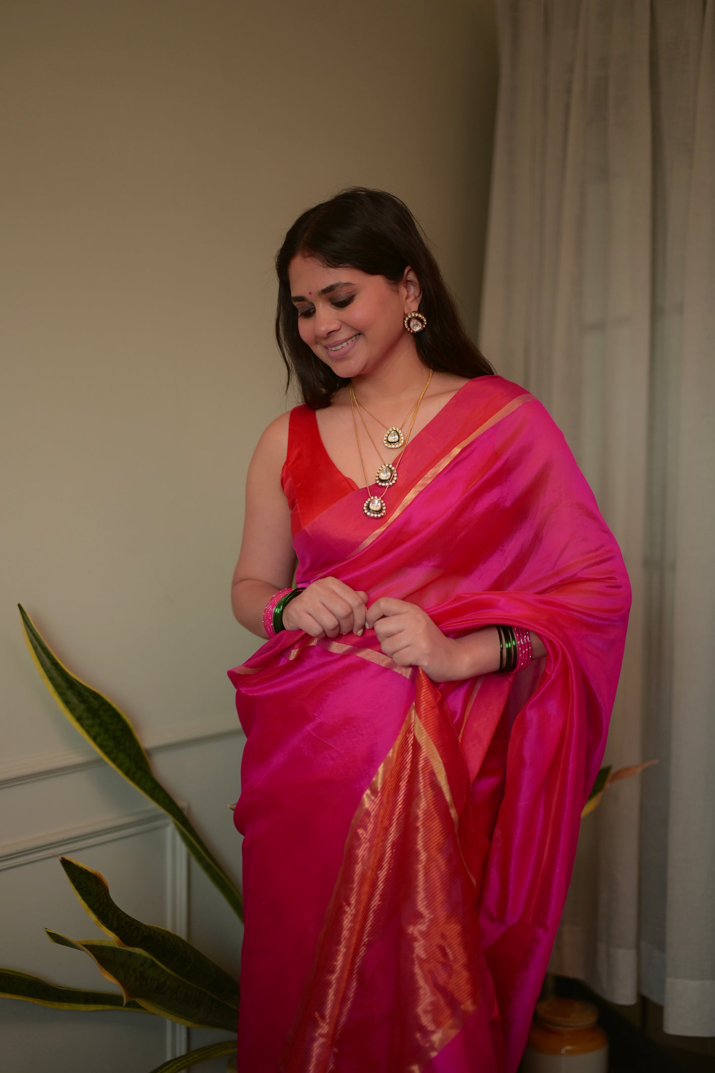 Pink and red Chanderi silk saree with silk border