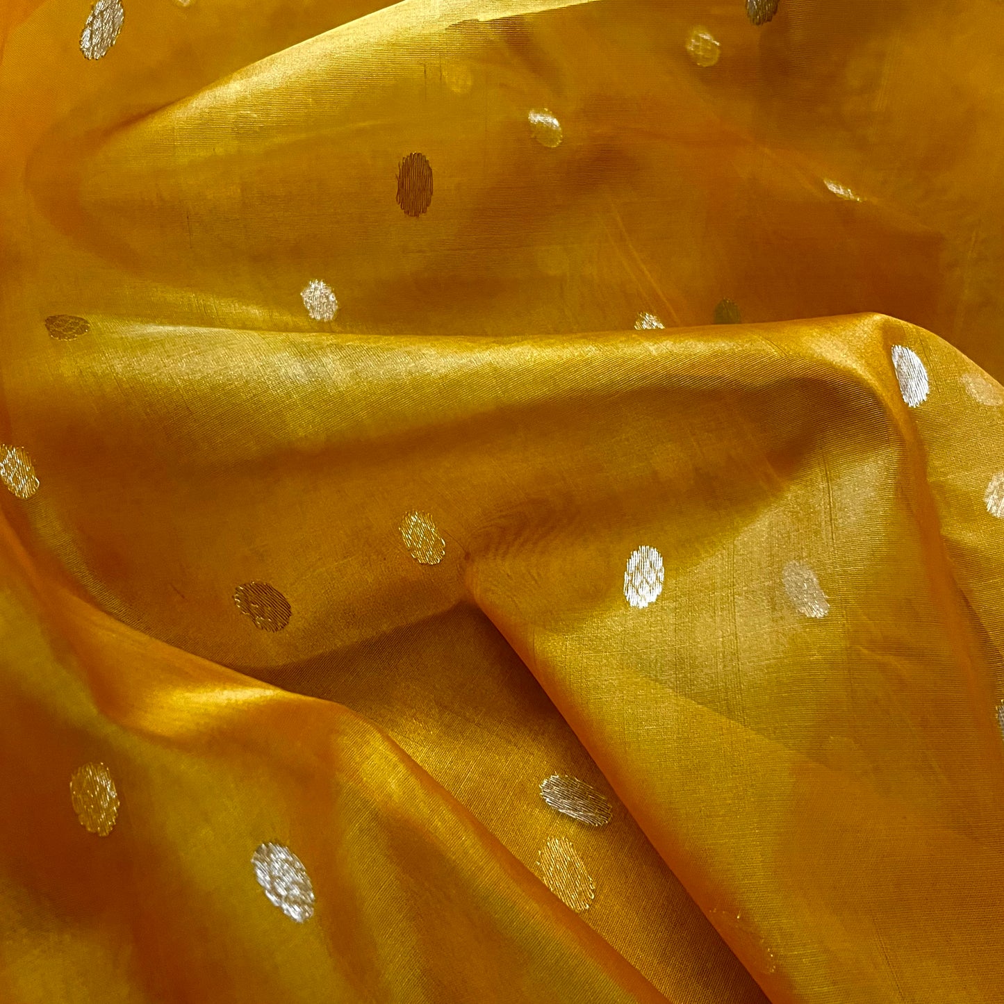 Mustard red Chanderi silk saree with zari bootis all over