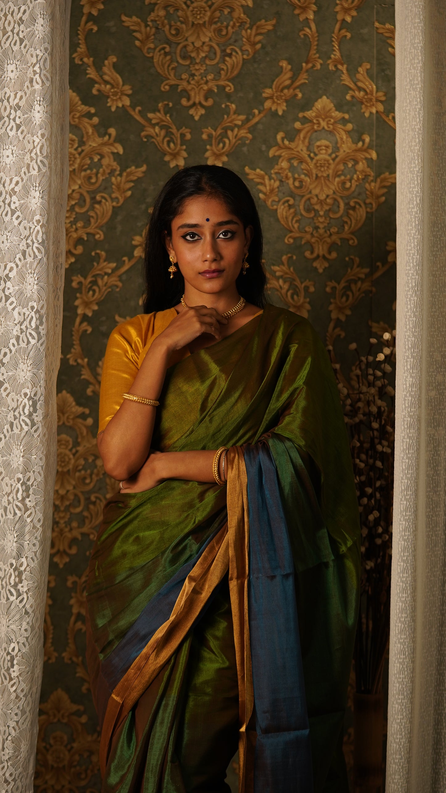Green gold and blue chanderi tissue silk saree