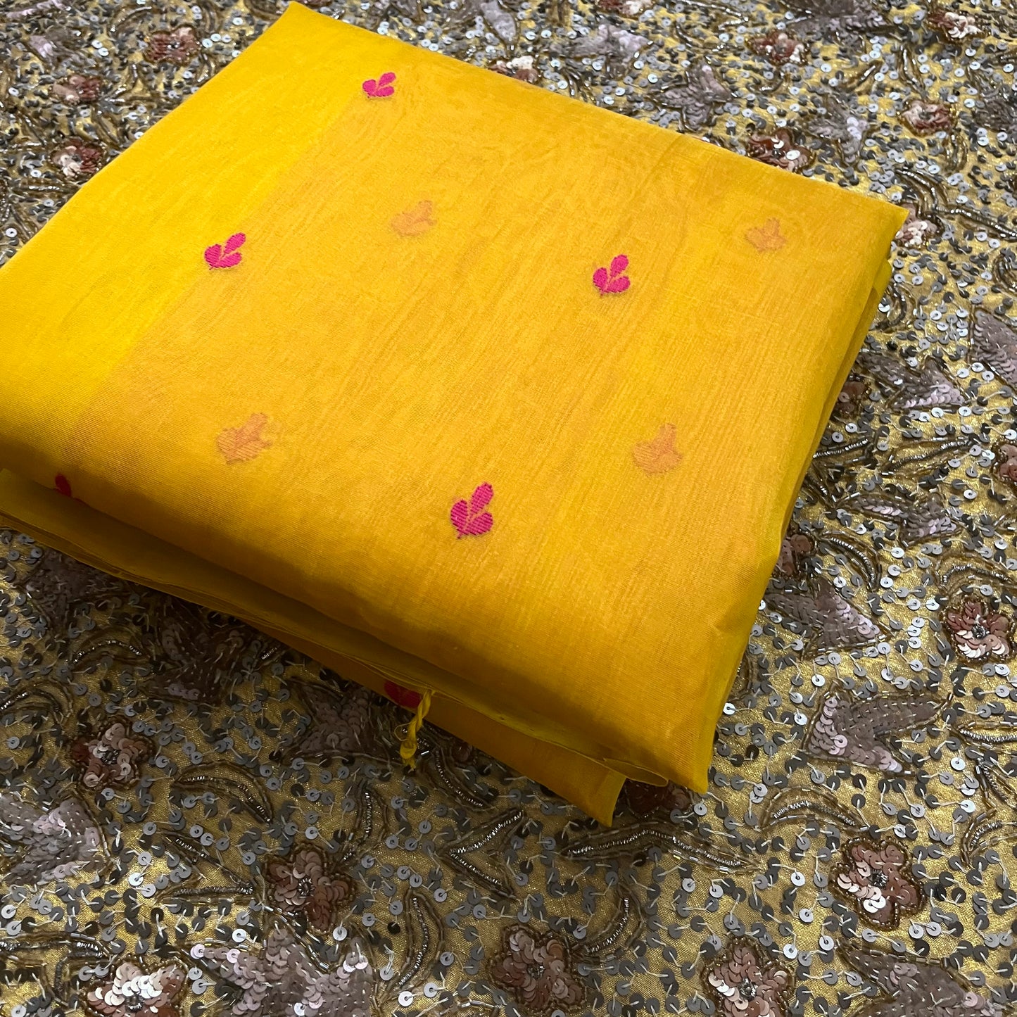 Mustard and pink Chanderi silk saree with resham bootis all over