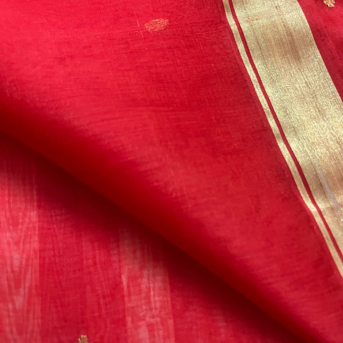 Red Chanderi silk saree with zari motifs on pallu