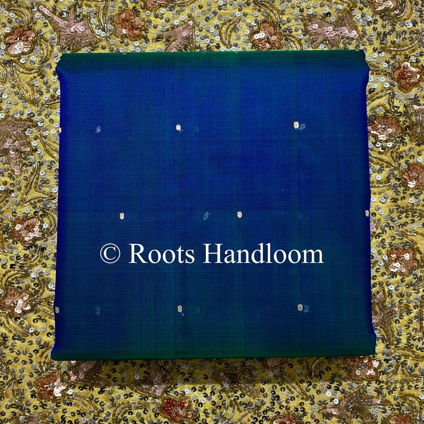 Peacock blue and green dual tone Chanderi organza silk saree with zari bootis all over