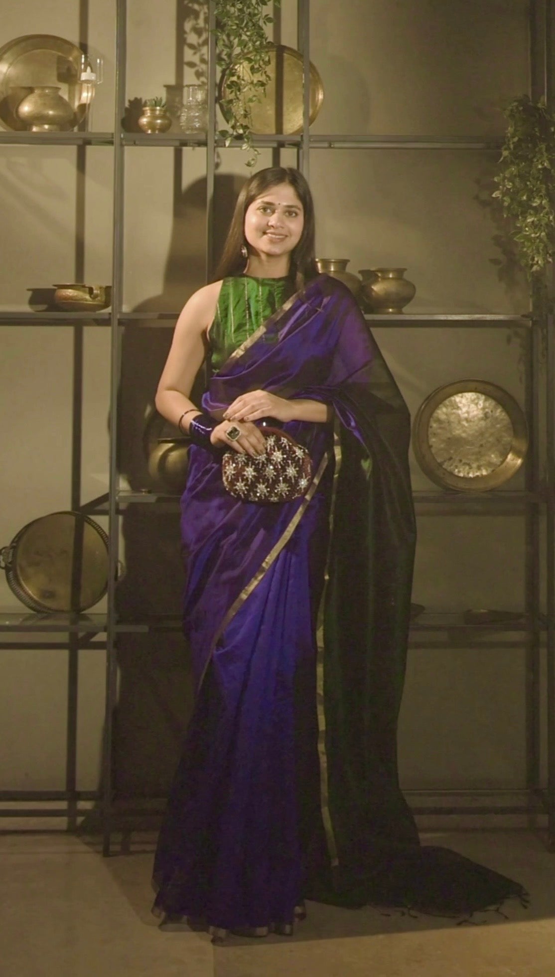 Indigo and green Chanderi silk saree with zari border
