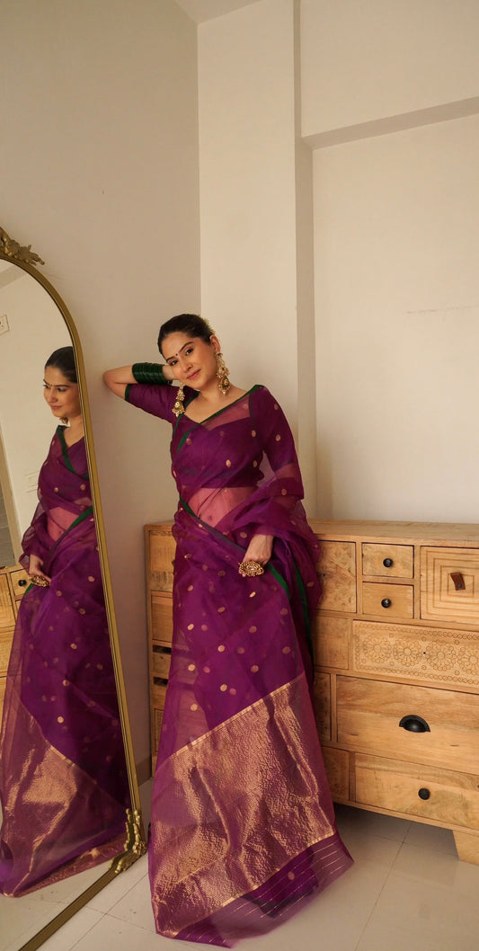 Violet dual tone chanderi silk saree with zari bootis all over