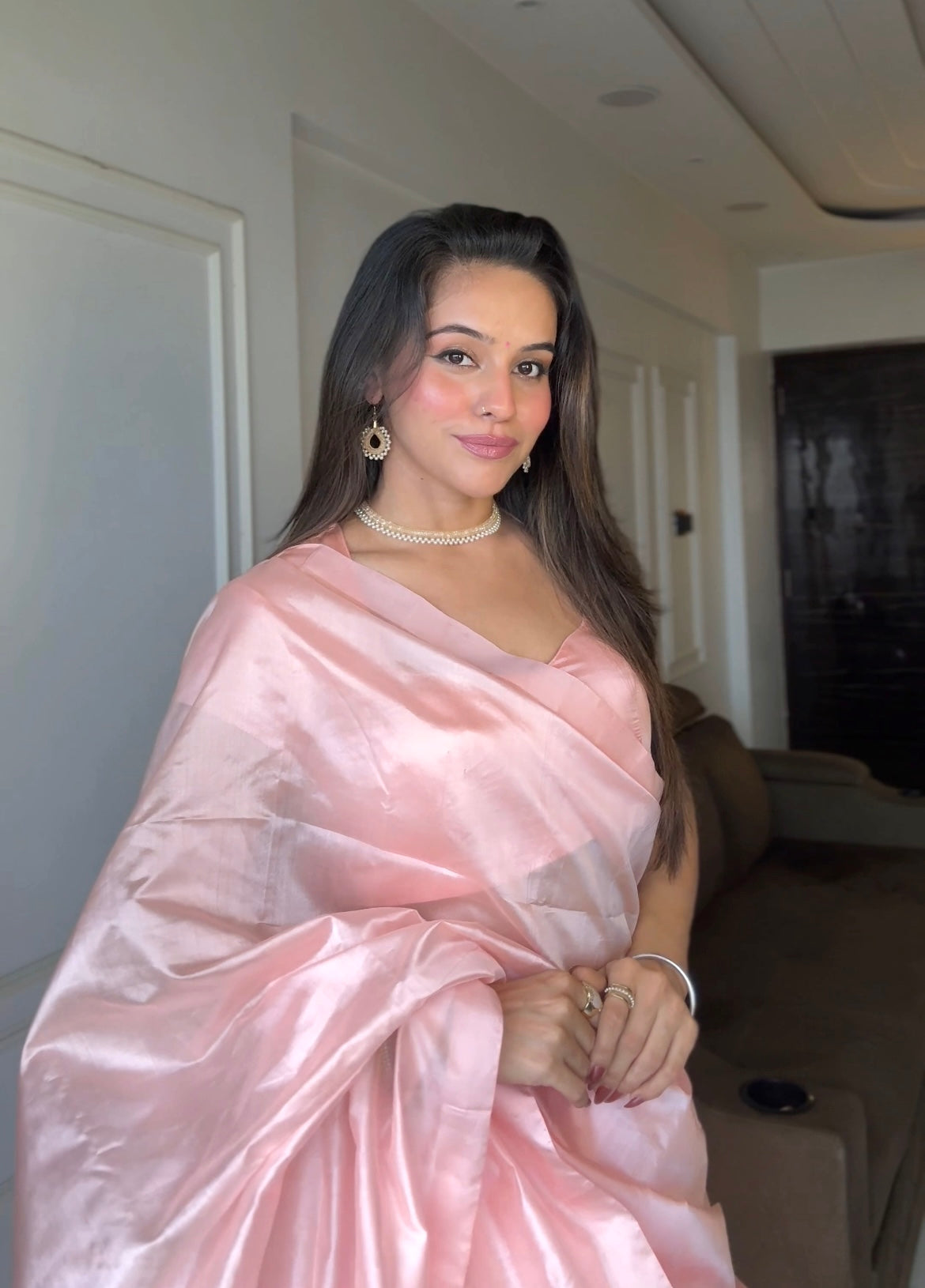 Baby Pink Chanderi silk saree with silk border