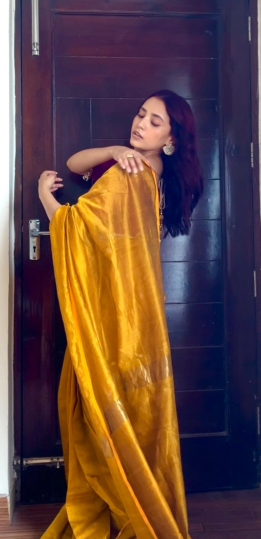 Gold mustard maheshwari saree with zari bootis all over