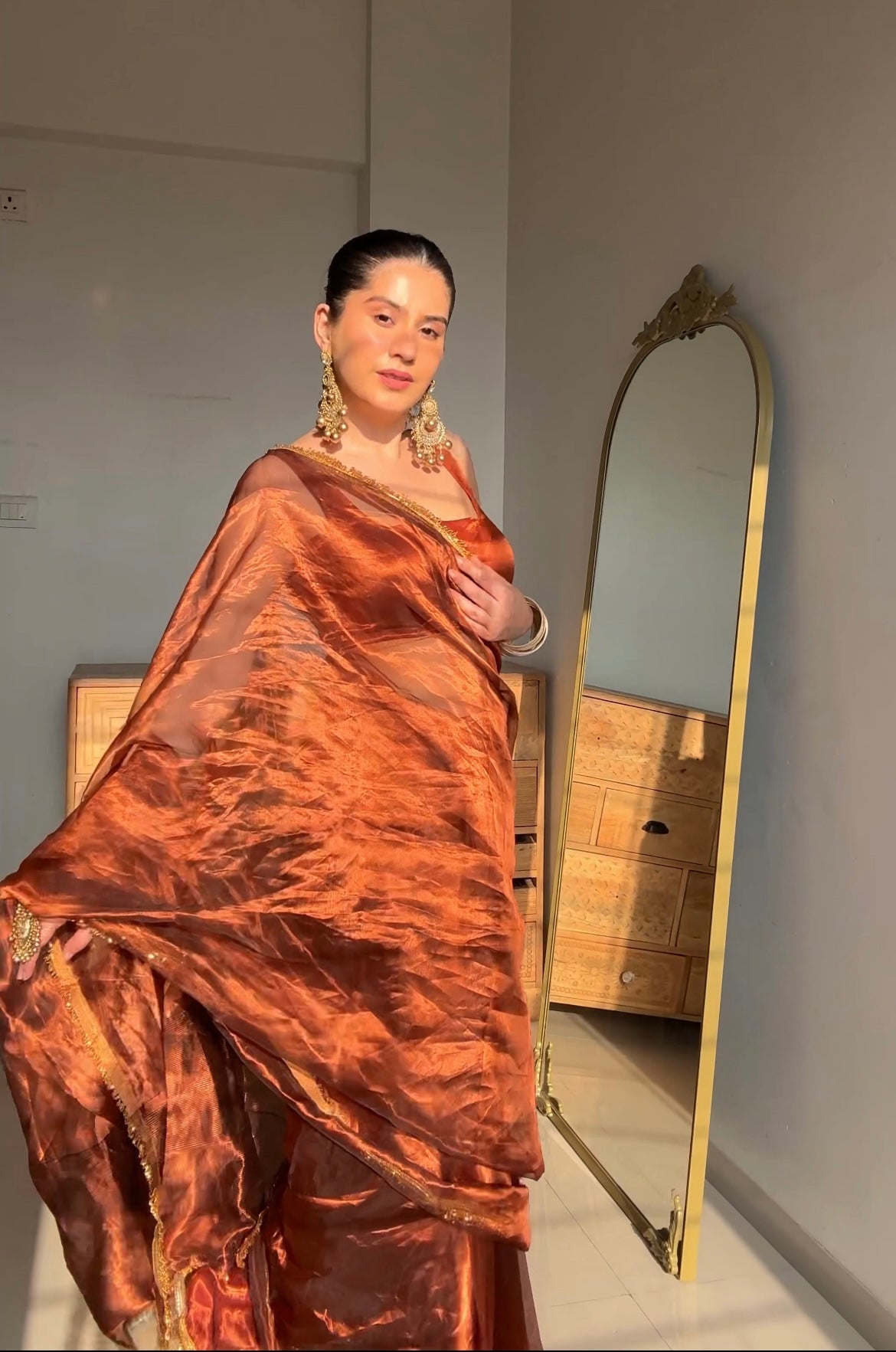 Molten Copper chanderi tissue silk saree with kiran border