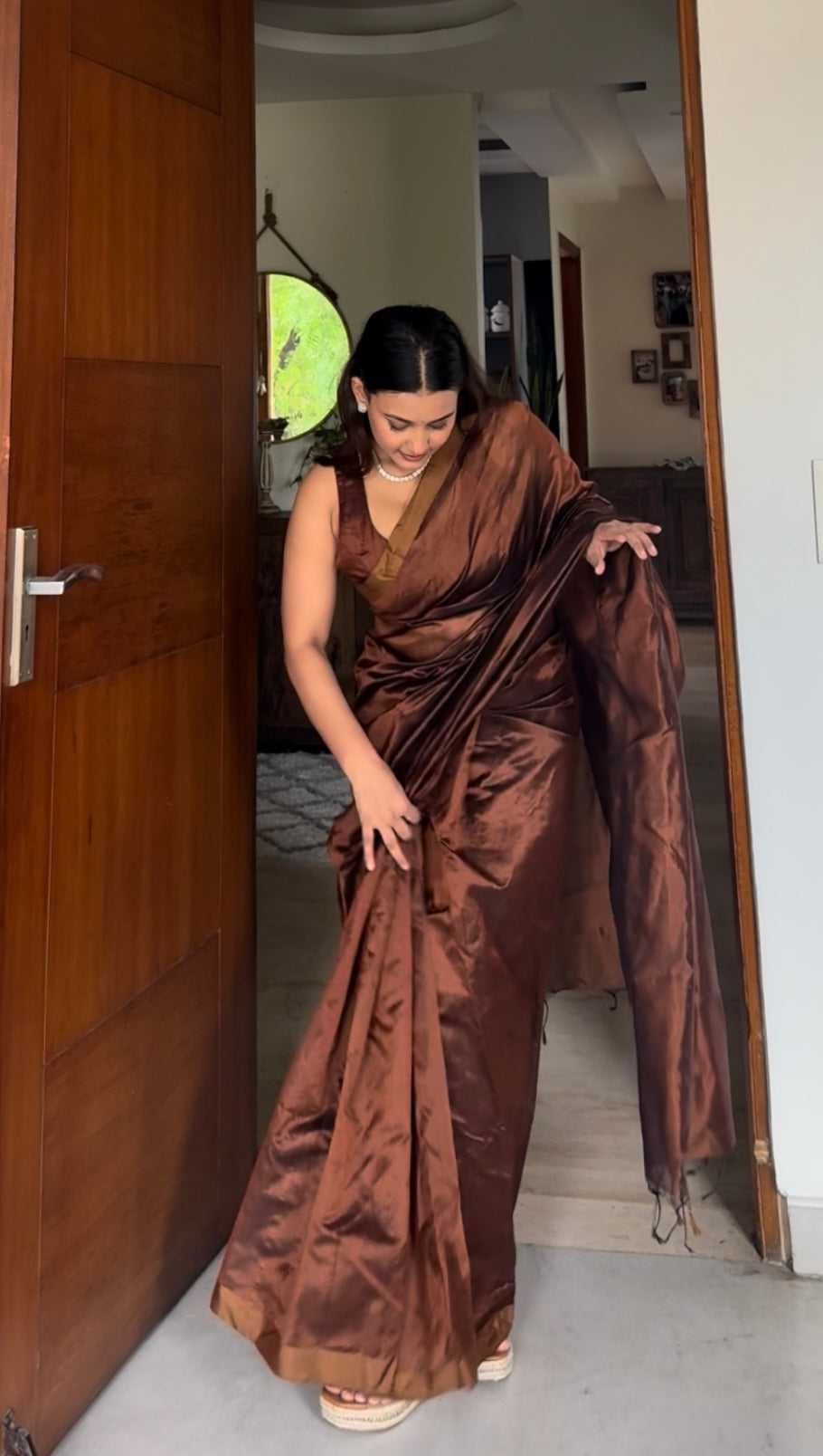 Cinnamon brown chanderi silk saree with silk border