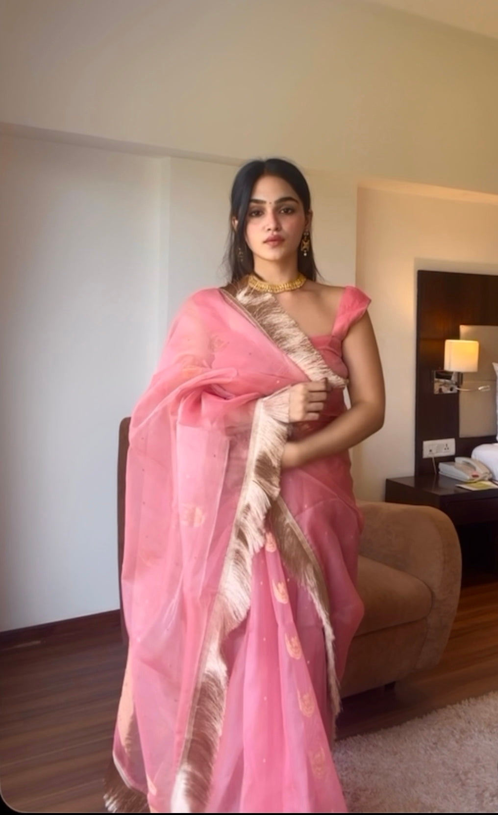 Ballet Pink chanderi silk saree with zari bootis and chaand bootis all over