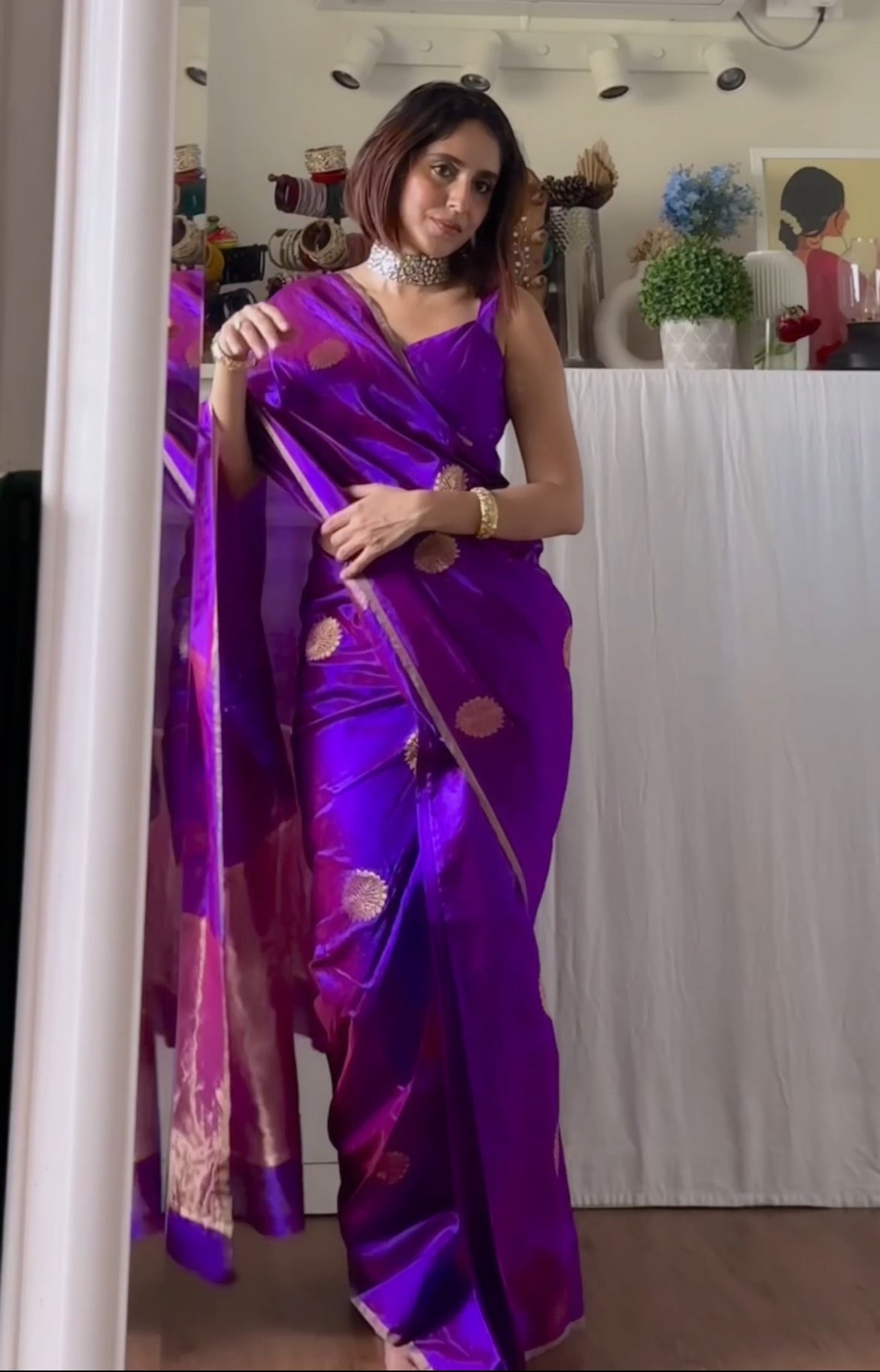 Violet dual tone chanderi silk saree with mor-motifs all over