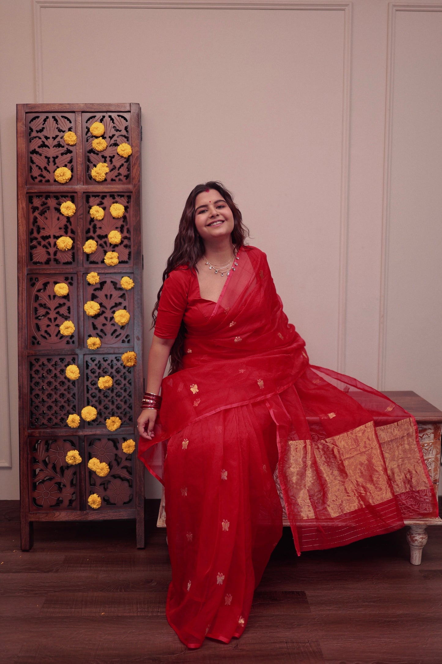 Red chanderi organza silk saree with butterfly motifs all over