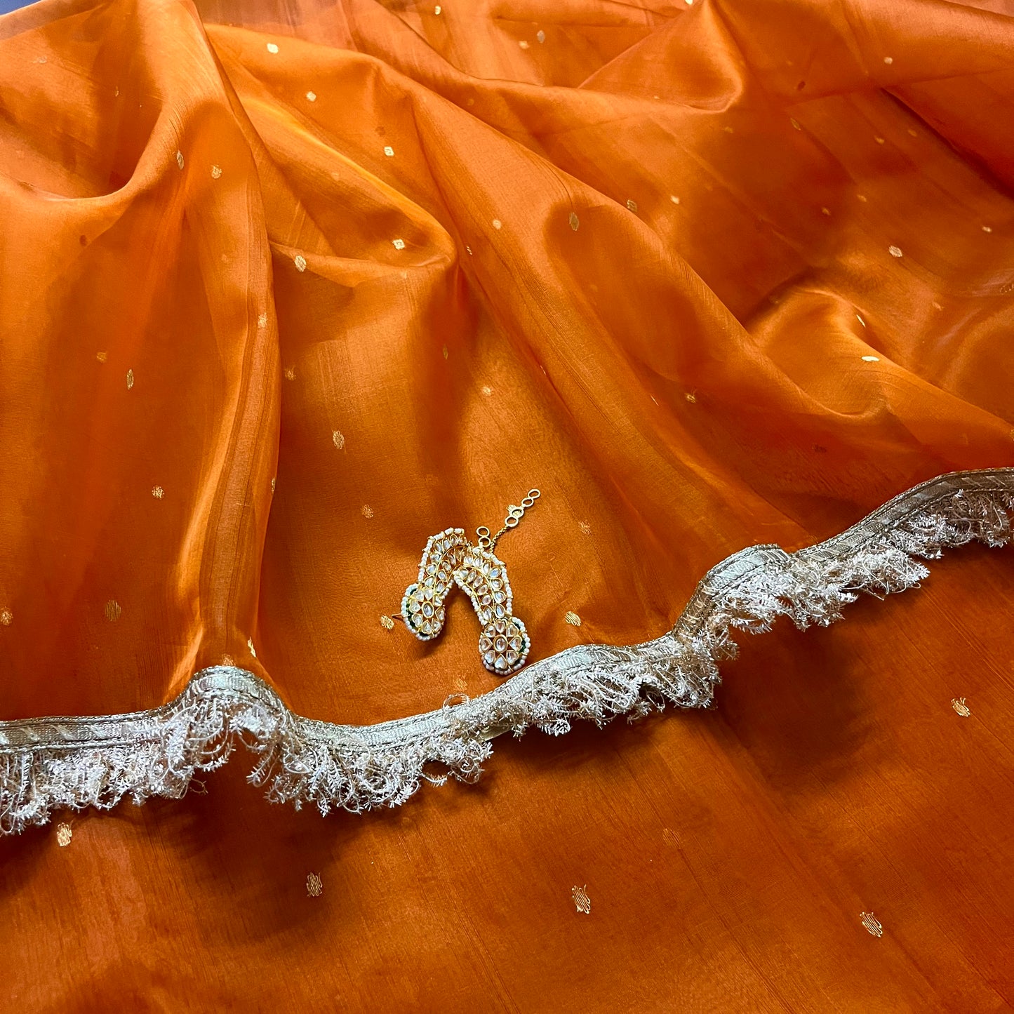 Burnt Orange Chanderi silk saree with zari bootis all over