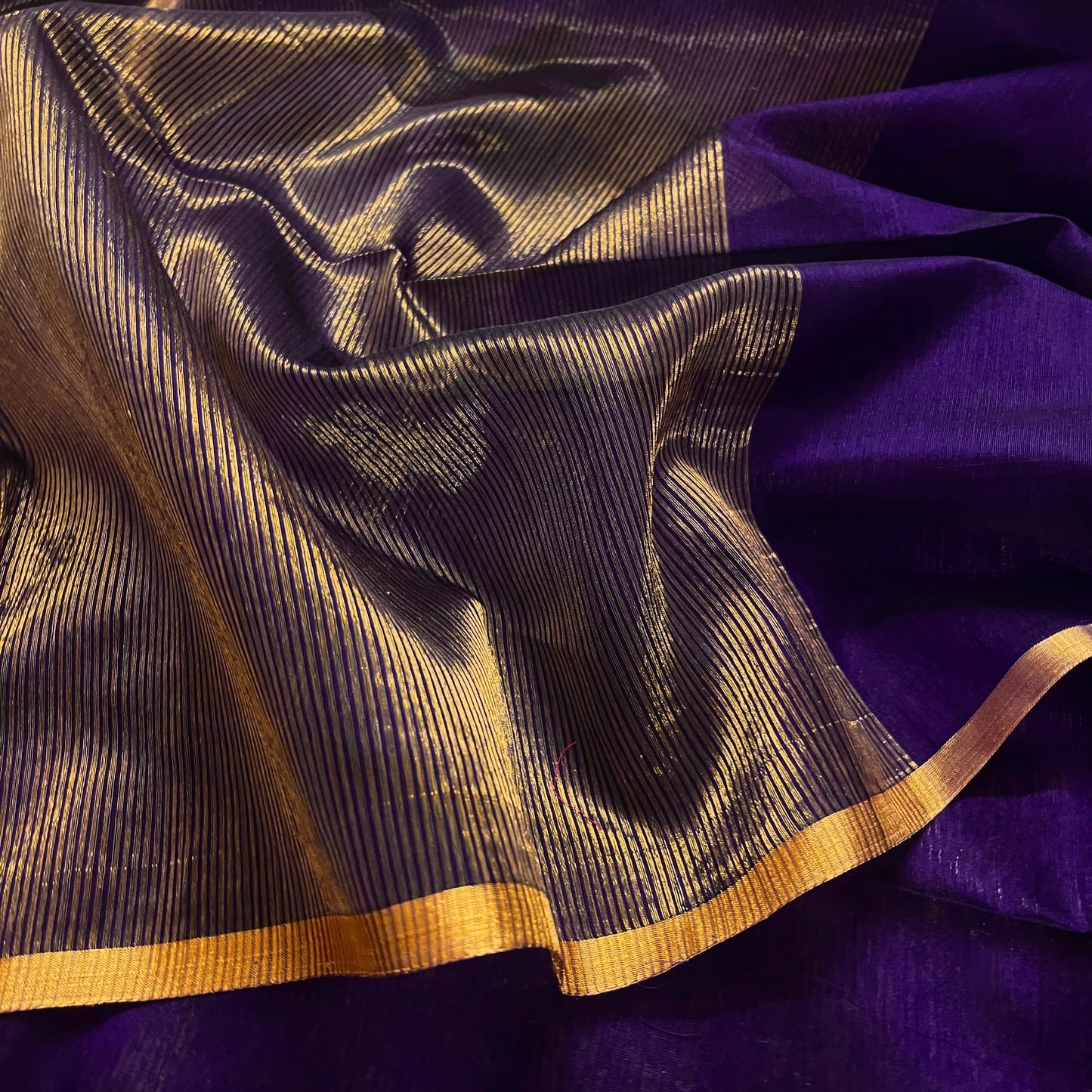 Dark purple and gold maheshwari saree with zari border