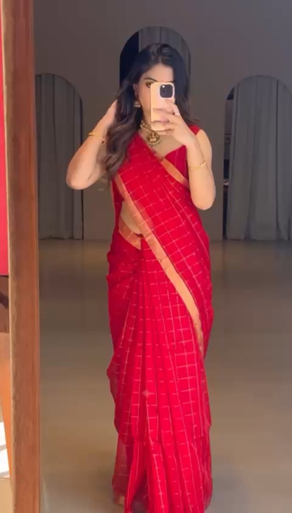 Red maheshwari saree with zari checks all over