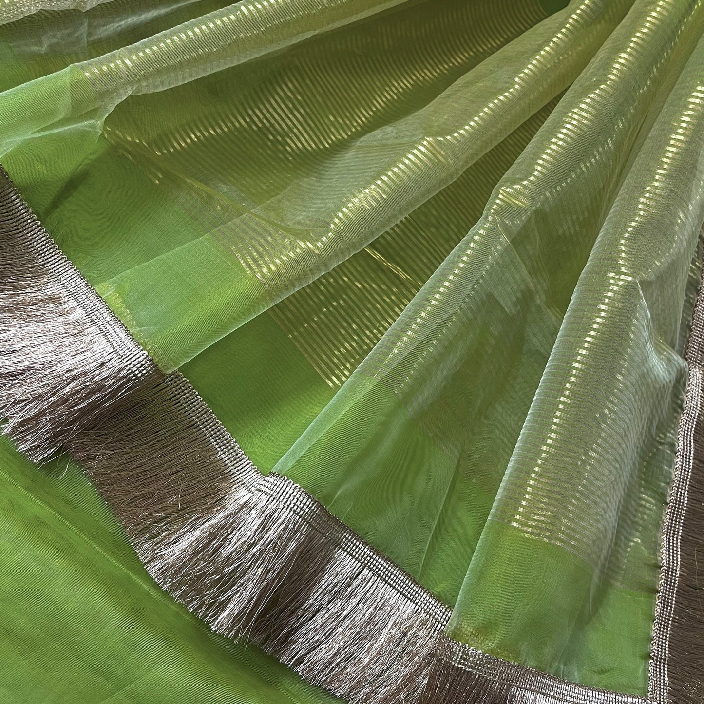 Tropical green chanderi silk saree with zari bootis and chaand bootis all over