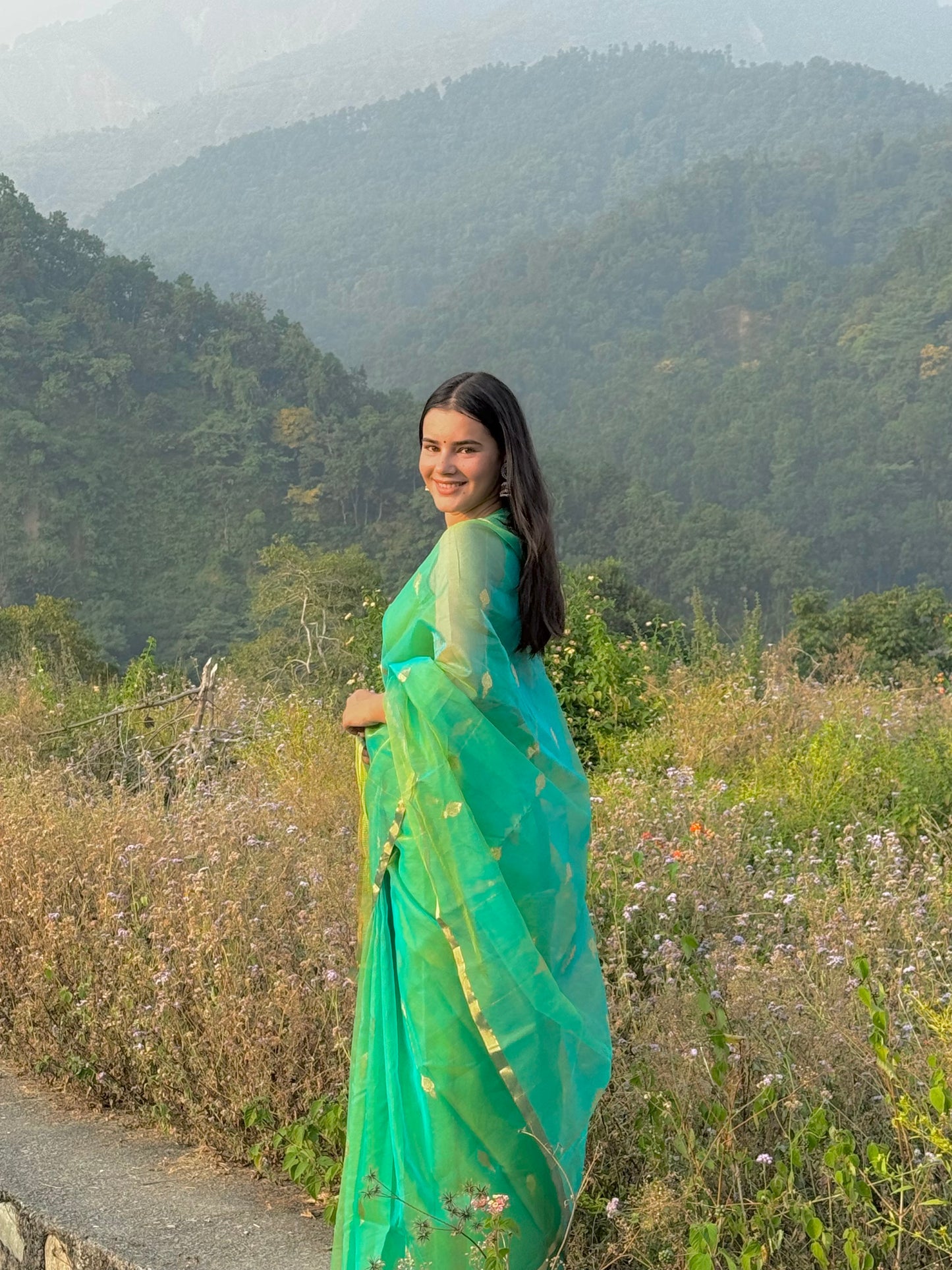 Green and gold dual tone chanderi organza silk saree with jhumka motifs all over
